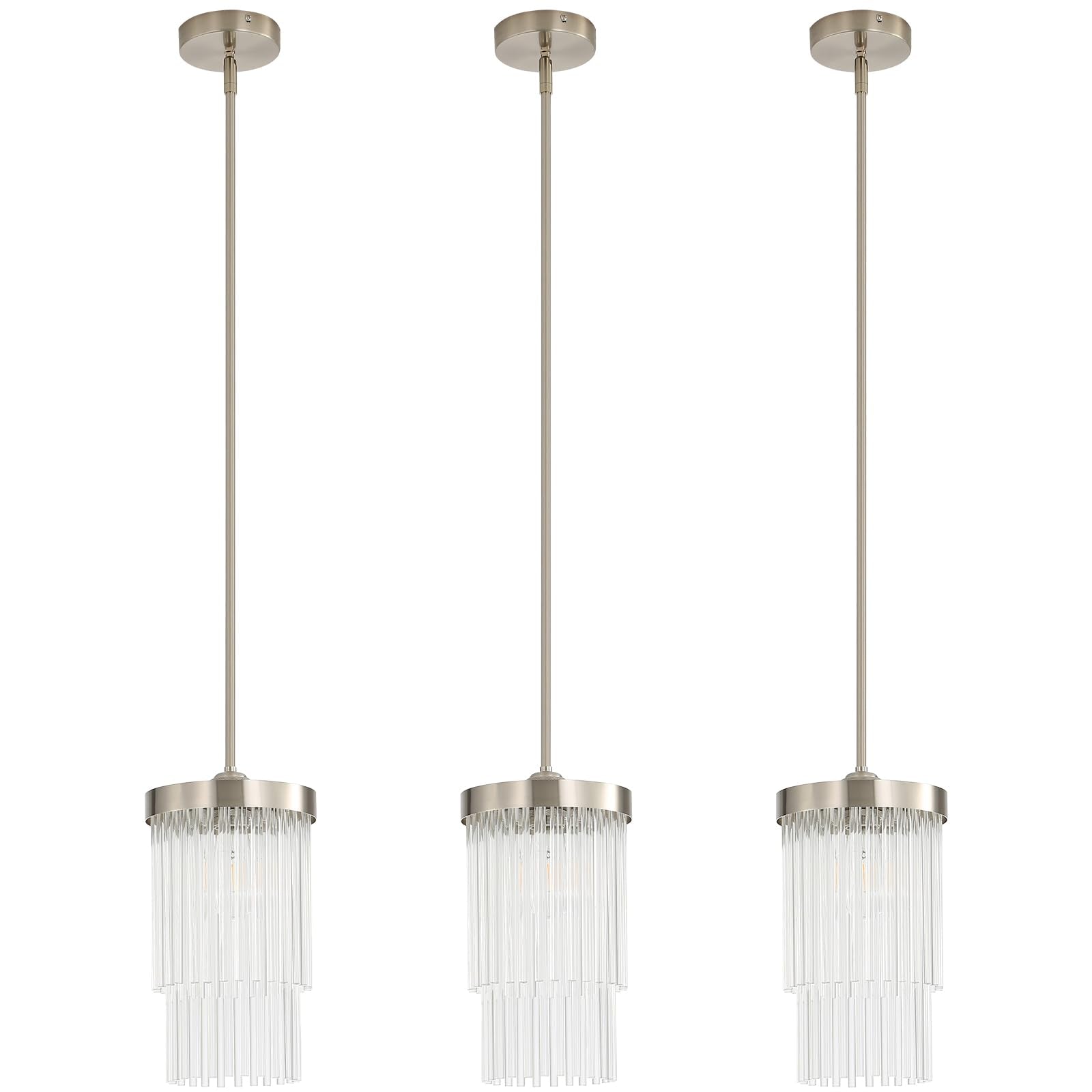 Modern Pendant Light Fixture for Kitchen Island  Elegant Brushed Nickel Glass Crystal Hanging Light Fixtures  Mini Over Island Lights for Dining Room Foyer Sink Hallway  3-Pack