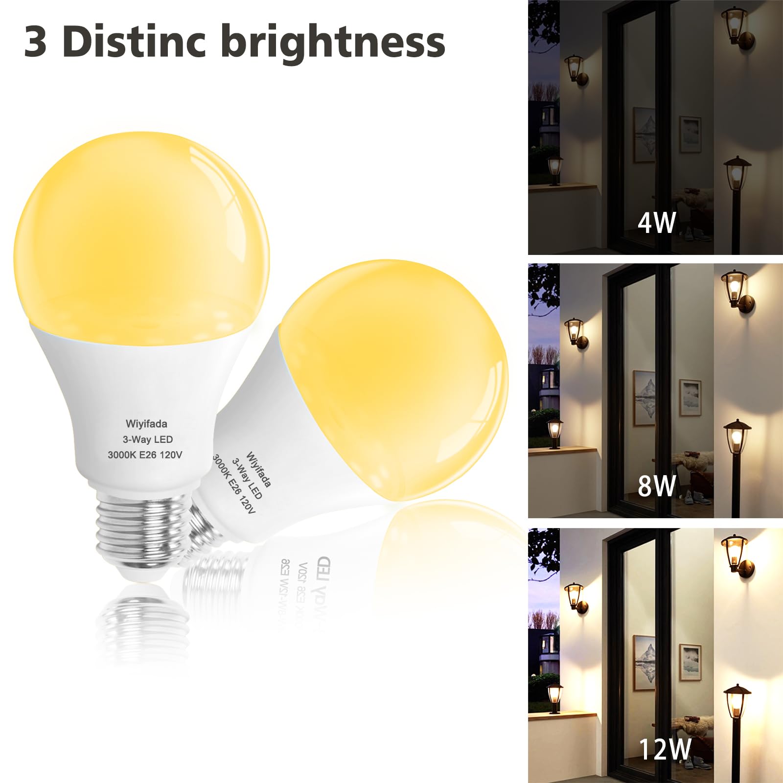 Wiyifada 3 Way Led Light Bulbs 4 Pack, 30 70 100 Watt Equivalent, Soft White 3000K A19 E26 Base, Indoor 3-Way For Reading, 3Wl
