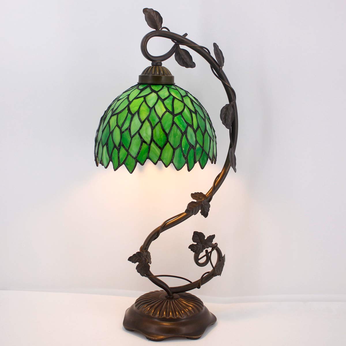 WERFACTORY Tiffany Style Lamp, Stained Glass, Metal Leaf Base, 8X10X21 Inches, Green Wisteria S523 Series