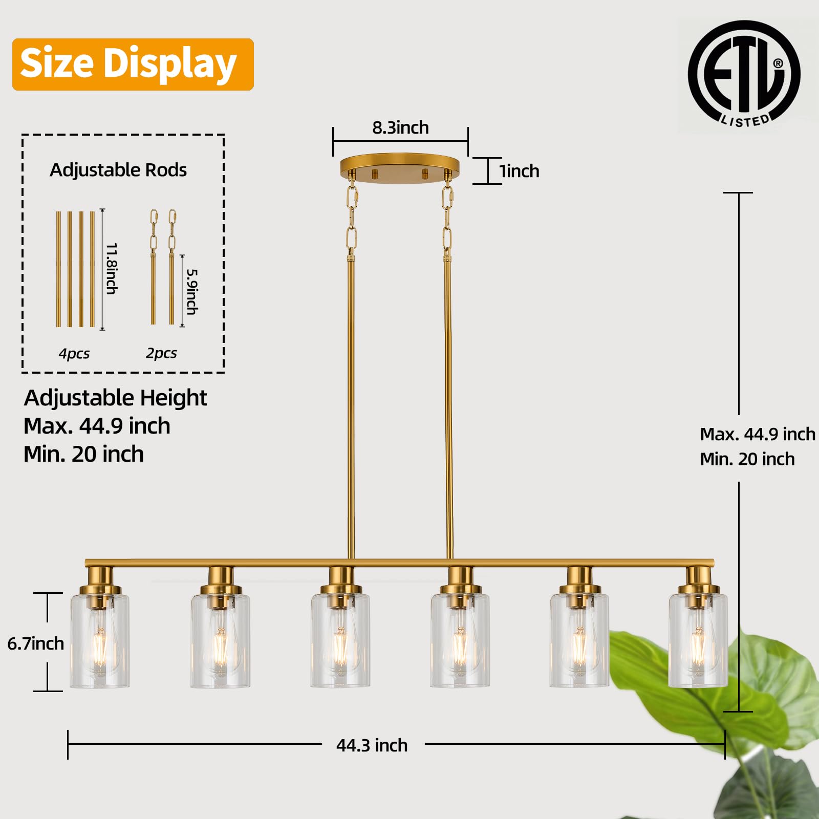 Kpiok Kitchen Island Lighting, 6-Light Modern Dining Room Light Fixture Over Table,44.3'' Vintage Farmhouse Gold Linear Chandelier, Industrial Pendant Lights For Kitchen Island With Clear Glass Shade