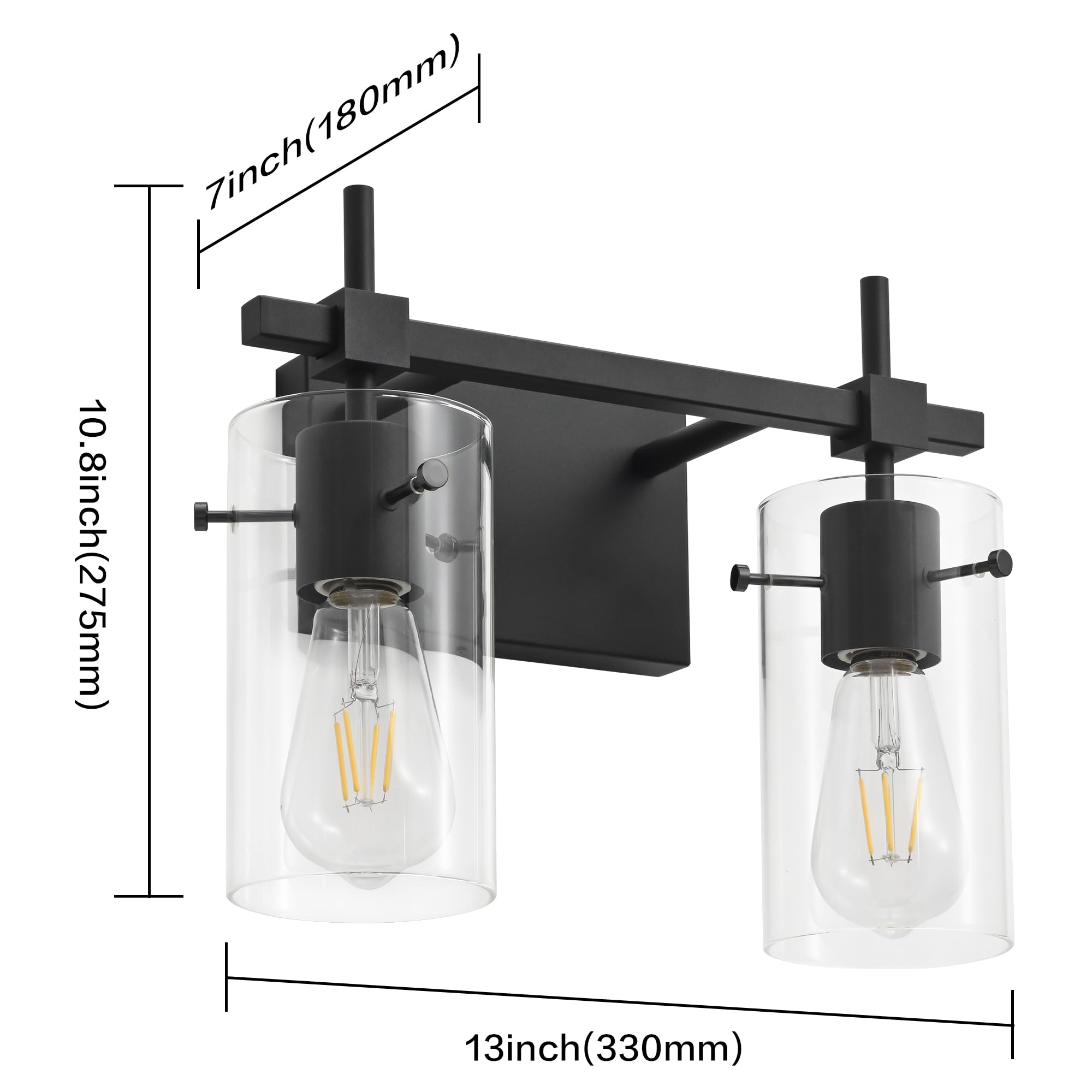 SOLFART Vintage 2-Light Bathroom Sconces, Matt Black, Glass & Metal, Model 7200-2T-BK