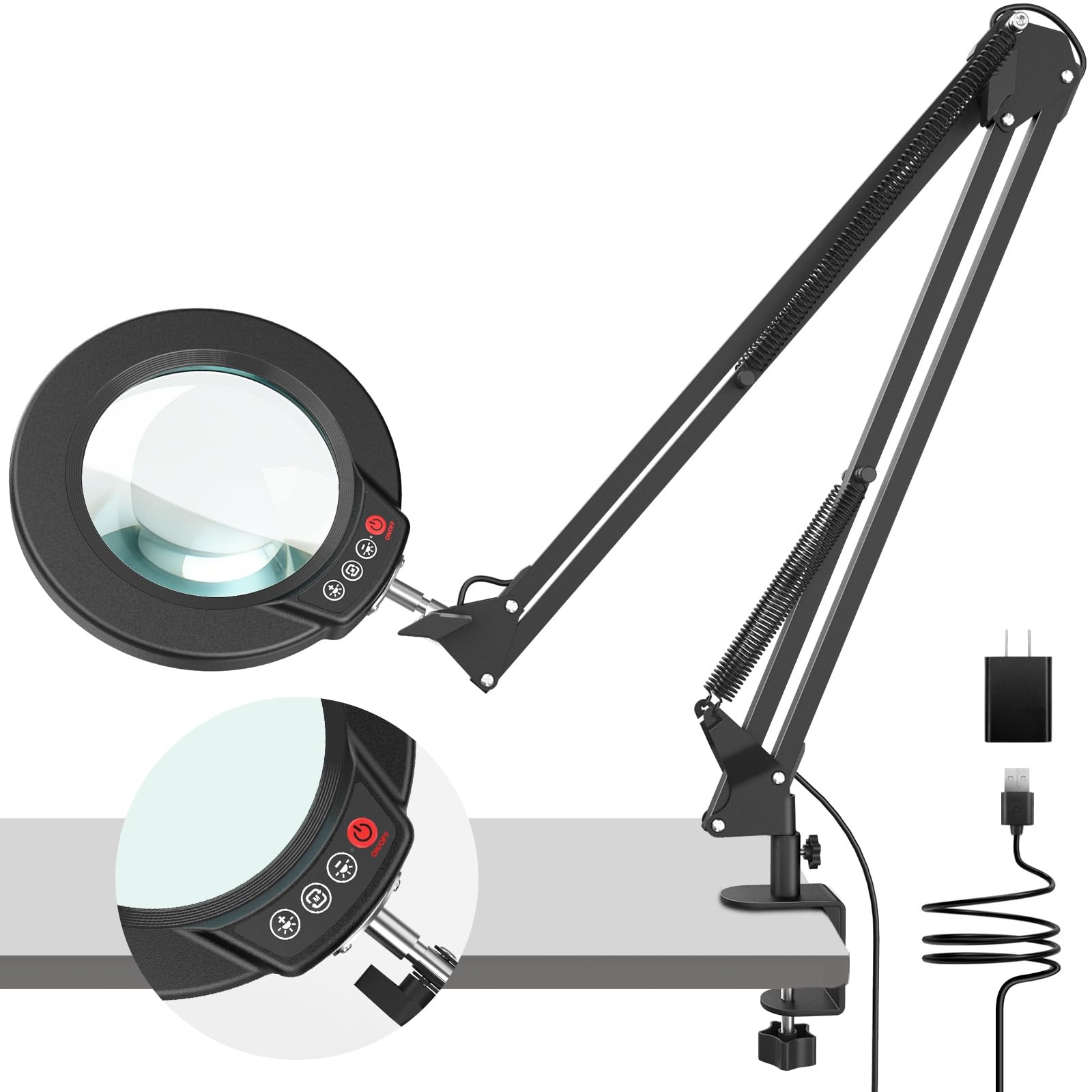 10X Magnifying Glass with Light and Clamp  Real Glass Stand Lighted Magnifier  2*16 Arm 5 Color Modes Stepless Dimmable LED Desk Lamp Hands Free for Craft Hobby Reading Discomfortting Close Work Large Black