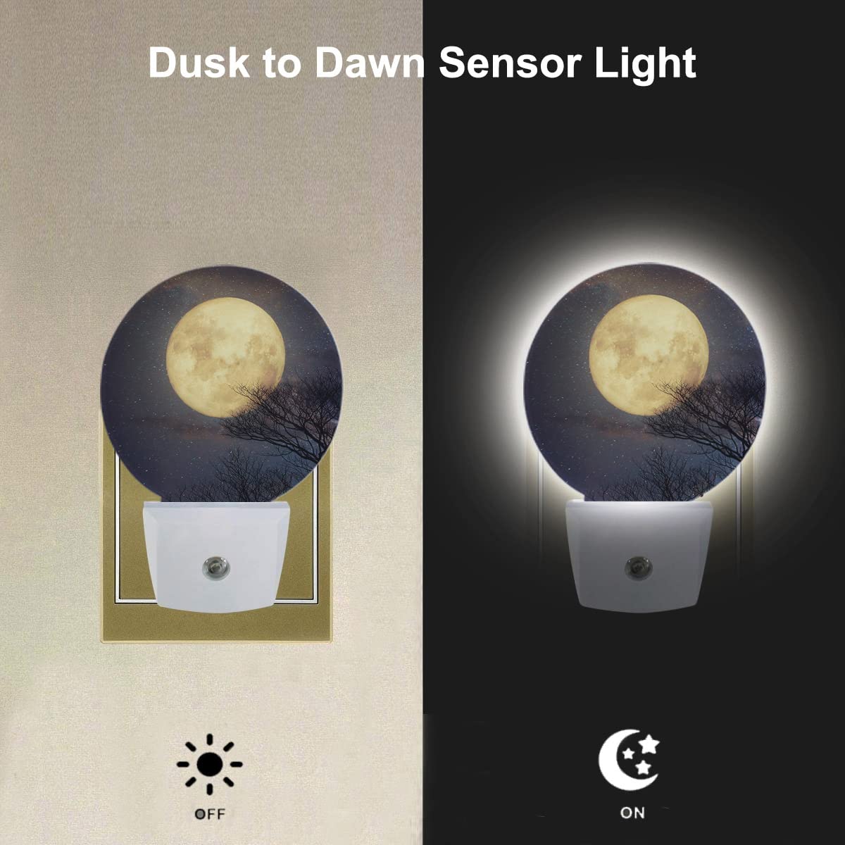 Ekobla Moon Led Night Light Full Moon Above The Treetops Starry Sky Dusk To Dawn Night Lamp Auto Sensor For Home Indoor Bathroom
