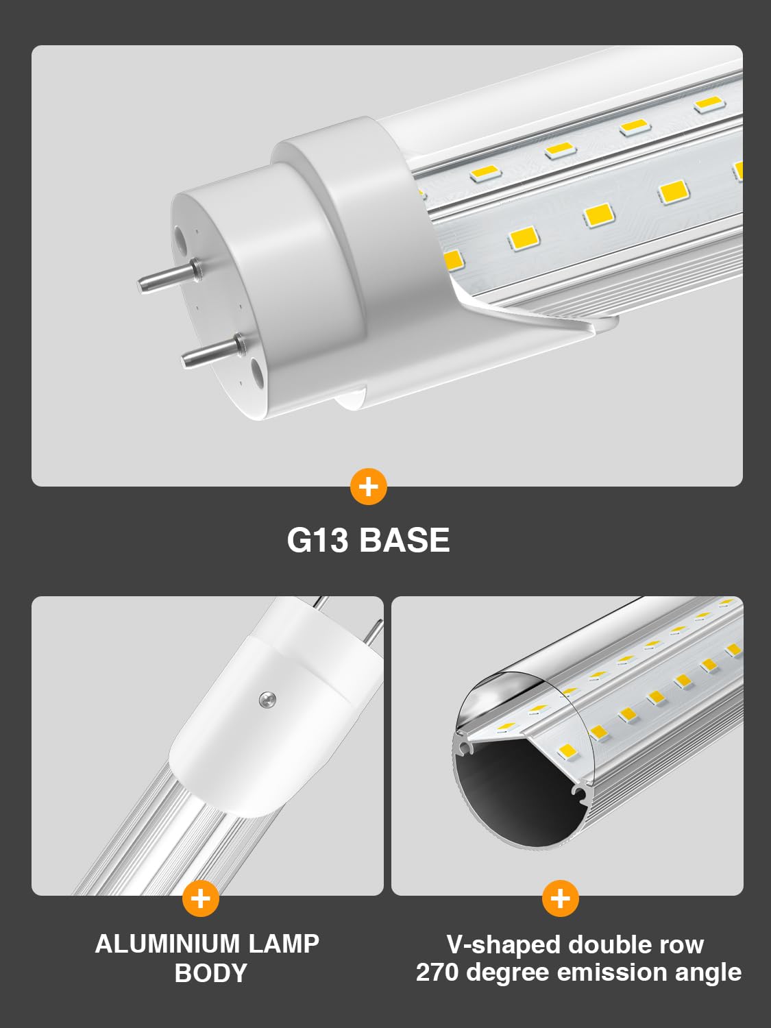 ONLYLUX T8 LED Bulbs 4ft 36W 5400LM Daylight 6500K Ballast Bypass Aluminum 20 Pack