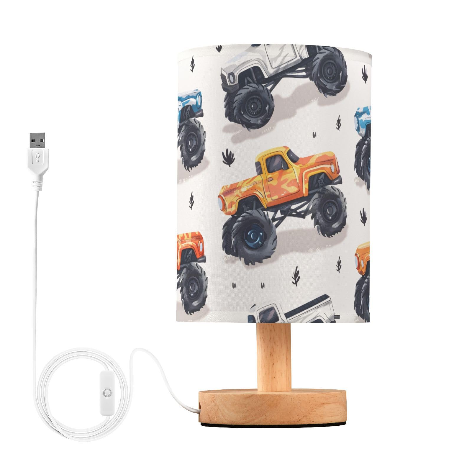 Bedside Lamp Monster Trucks White Lamp for Girls Boys Bedroom, Table Lamp with USB Port, Kids Nightstand Lamp Wood Base Room Des
