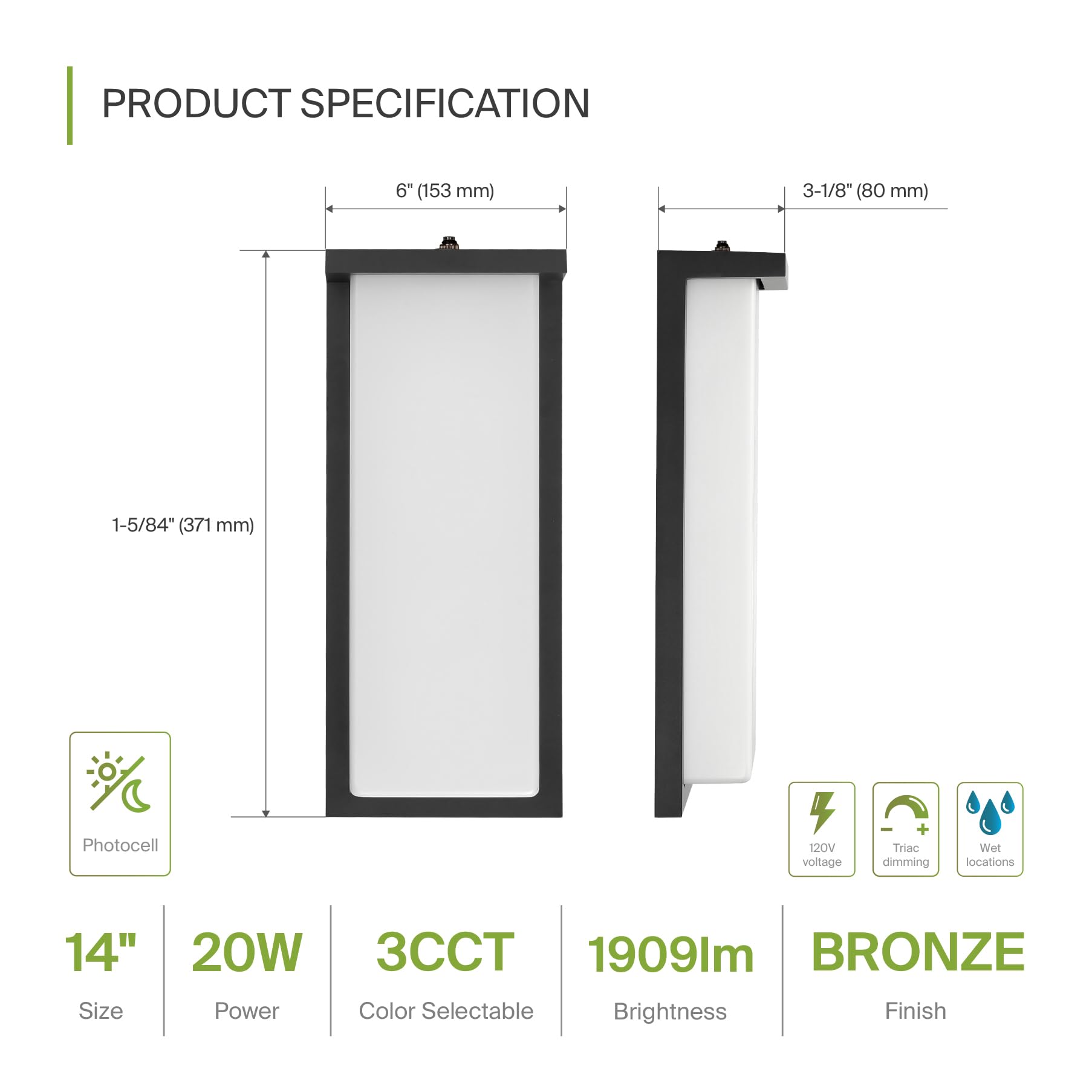 ASD LED Wall Light Fixture, 20W 1900LM, 3000K-5000K, 14 Inch, Black, Photocell, Waterproof, ETL Listed, Model