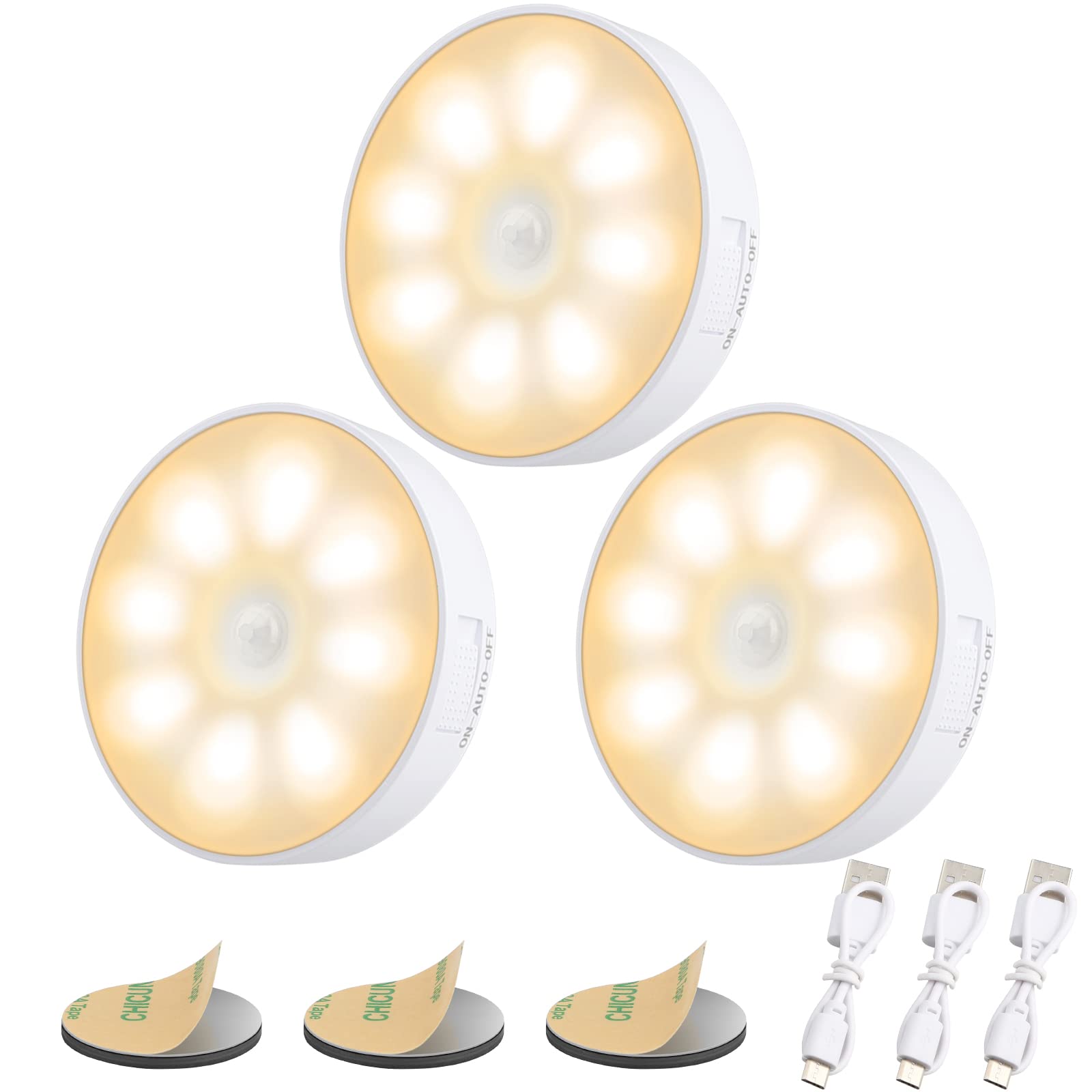 Electight 3 Pack Motion Sensor Light, 8 Leds Rechargeable Night Light, With Usb Cable & Magnetic Patch, 3 Modes, Cordless Safe Wall Light For Kitchen, Bookshelves, Drawers - 3000K Warm White