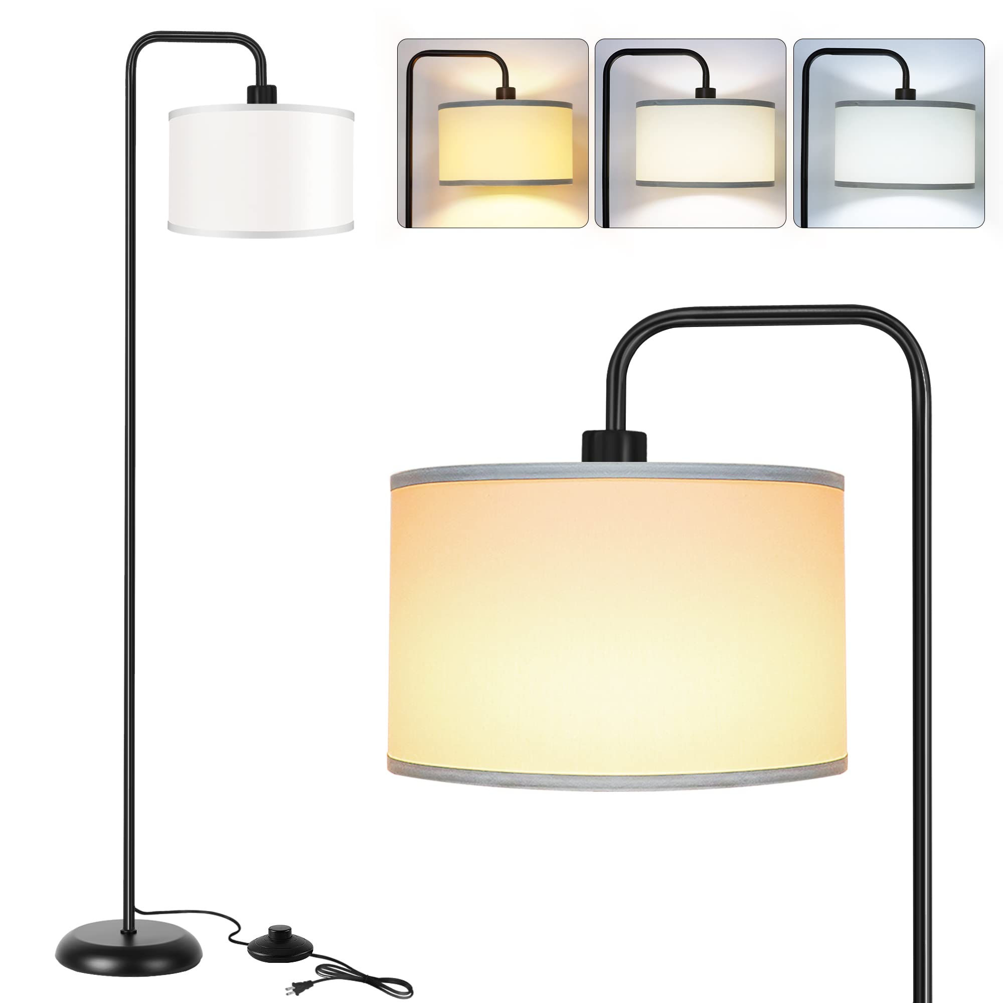 PARTPHONER LED Floor Lamp, 3 Color Temperatures, Foot Switch, 9W Bulb Included, Metal and Fabric, Black, Model STR-FL-0162