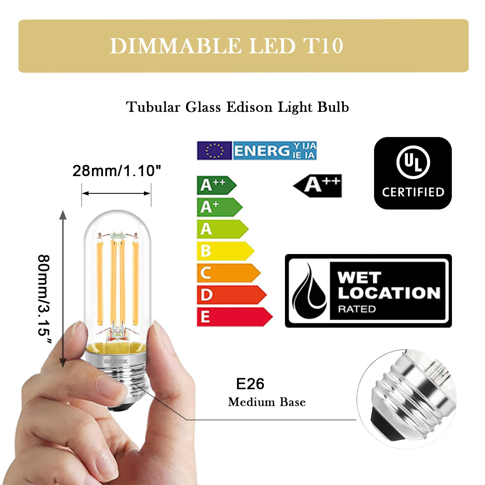 NOVELUX LED Edison Bulbs 6W, 3000K Warm White, Clear Glass, 3 Inch, Dimmable, 6 Pack