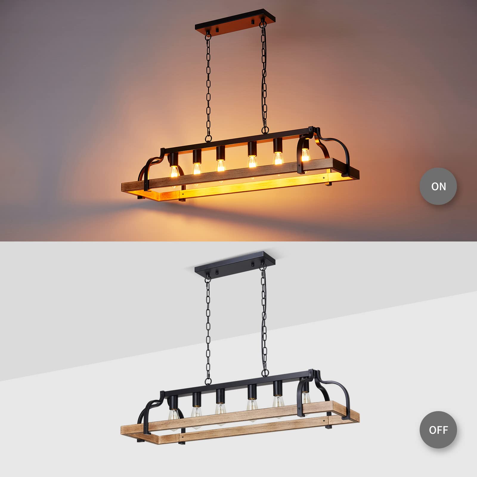 Wuzups 6-Light Metal Pot Hanging Rack Chandelier Imitation Light Wood Grain Linear Pendant Ceiling Lighting Rustic Farmhouse Fix