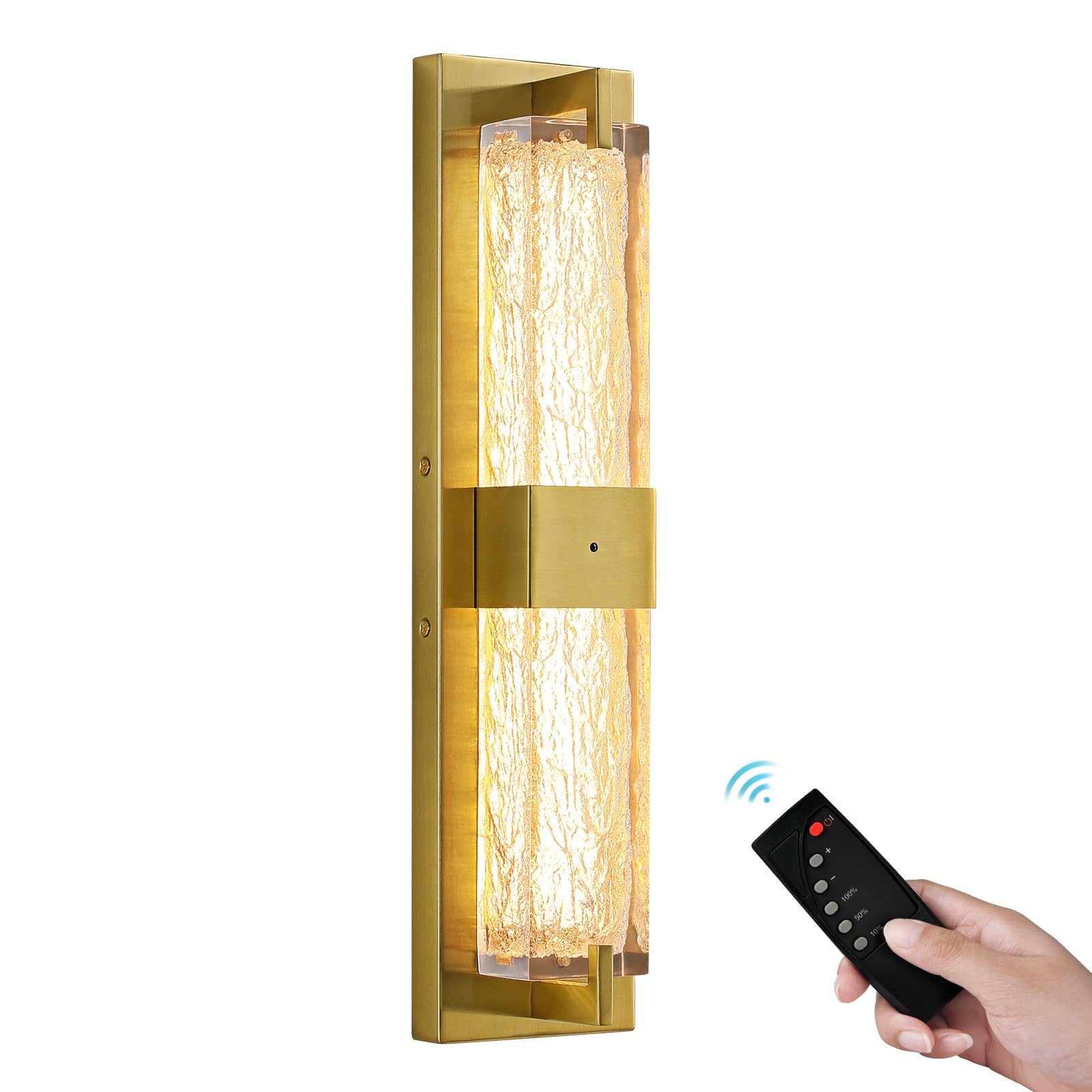 WOSHITU Battery Operated Wall Sconce - 19" Gold Dimmable LED Light, Wireless Rechargeable, Iron Modern Fixture for Living Room, Bedroom, Bathroom