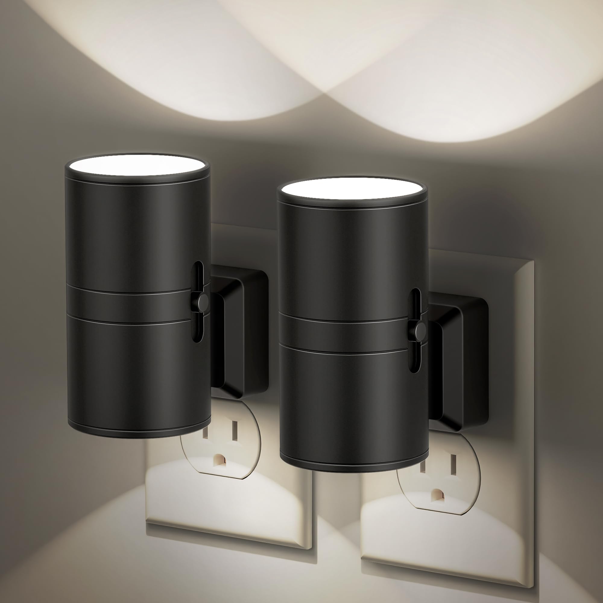 JandCase Dimmable Night Light Plug-in with Dusk to Dawn Sensor, Soft White 5000K, Adjustable Brightness, 2 Pack, White - Black Shade