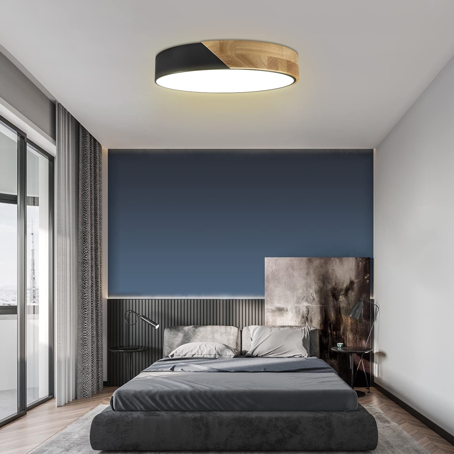 Led Ceiling Light Flush Mount: 12 Inch 24W Bedroom Light Fixture With Round Wood Modern Black Flat Overhead Minimalist Ceiling Lamps For Kitchen Hallway Laundry Warm White 3000K, Not Dimmable