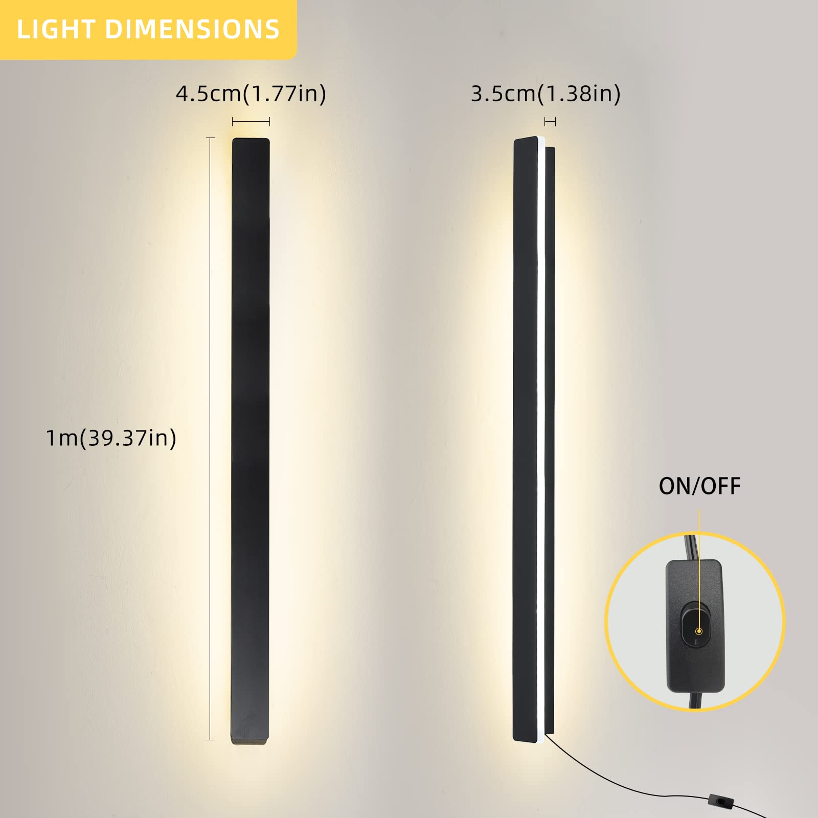 KELUOLY Wall Sconce, 39in Black Matte LED Lamp, 20W Warm White 3000K Acrylic, Plug-in for Bedroom, Living Room, Hallway, Model H
