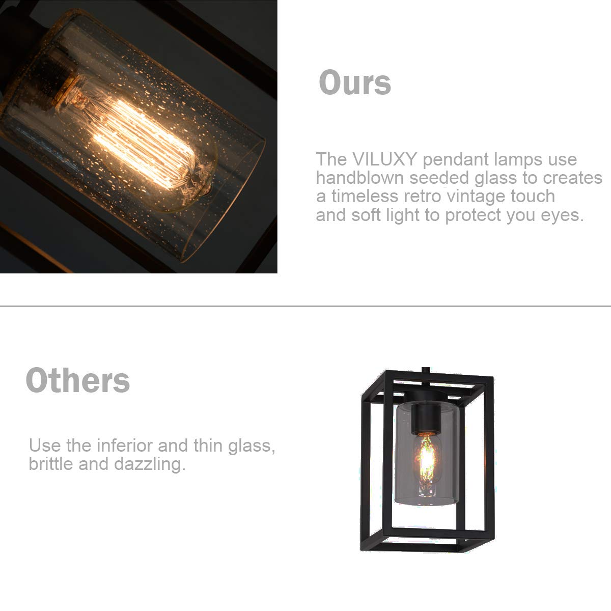 Viluxy Black Pendant Lights Kitchen Island Farmhouse Seeded Glass 1-Light Dining Room Pendant Lamp Fixtures Metal Cage Hanging L