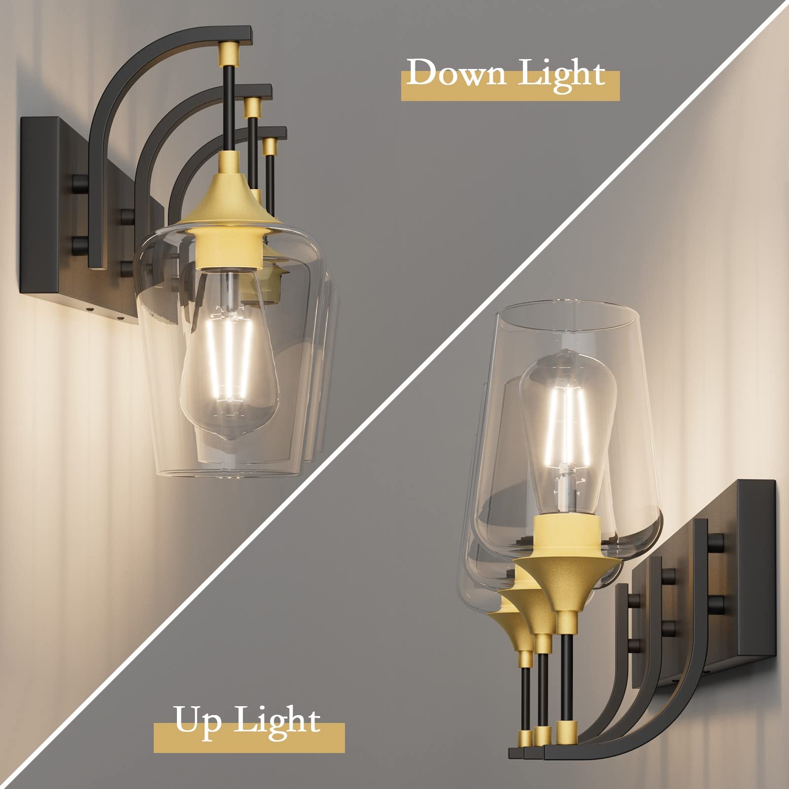 Ralbay Black/Gold Vanity Light Fixtures 3-Lights Industrial Black/Gold Bathroom Vanity Light With Clear Glass Vintage Edison Bathroom Wall Lighting Fixtures
