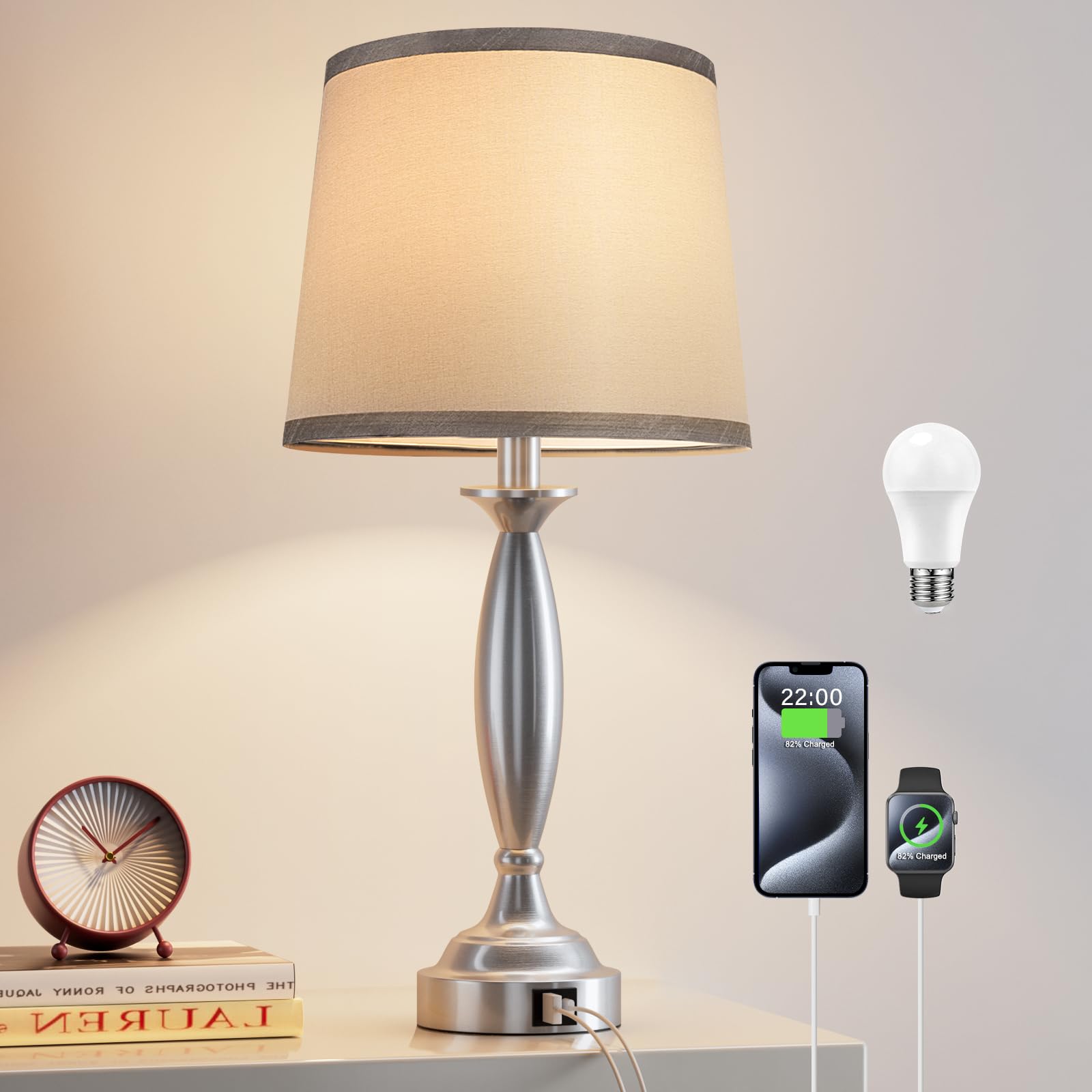 Seealle Touch Control Bedside Lamp - 22.5in Brushed Nickel, 3 Way Dimmable, USB C+A Port, H. Grey Shade, Model jinshuzhu 1