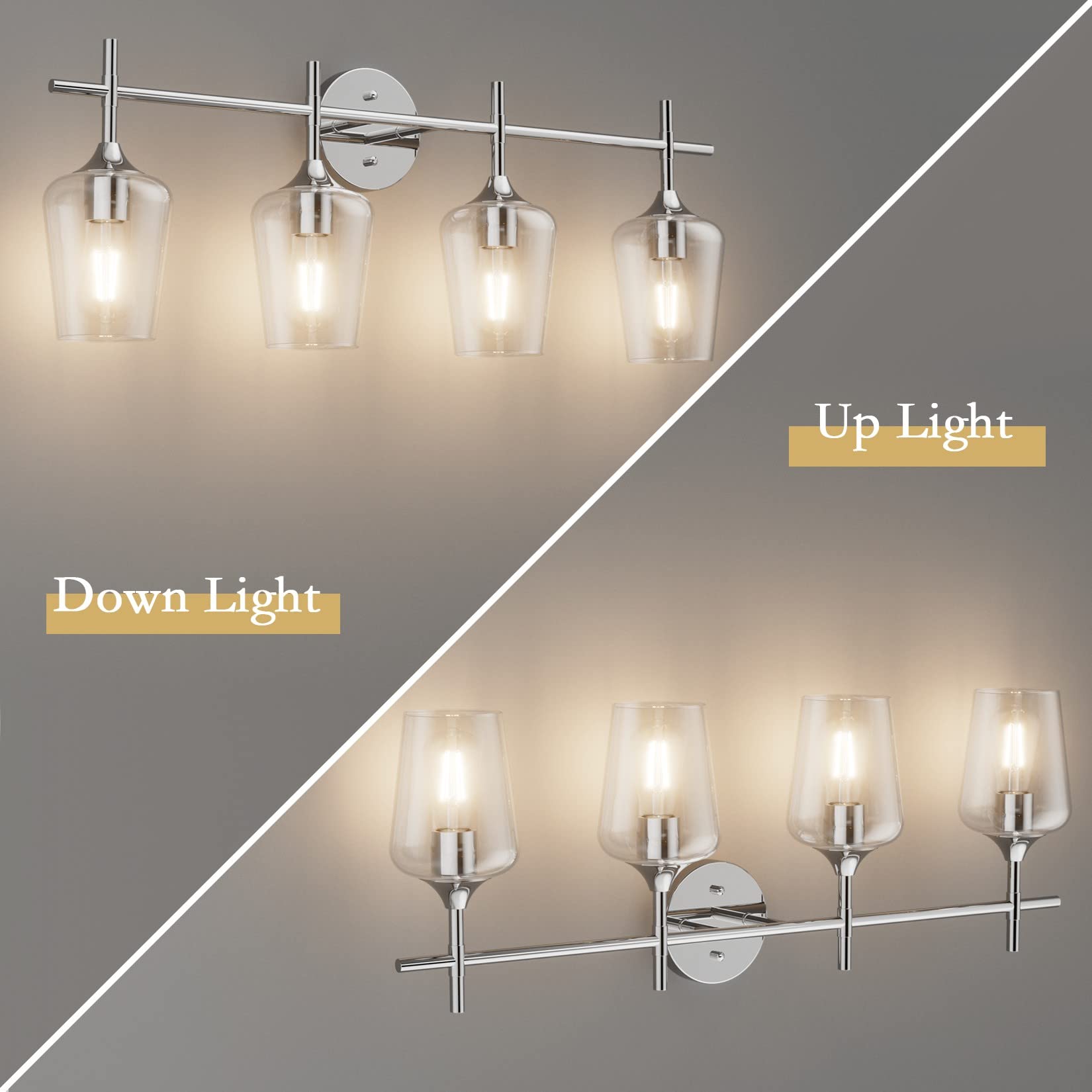 Ralbay Chrome Bathroom Vanity Light 4-Light Industrial Fixture Clear Glass Model 2031