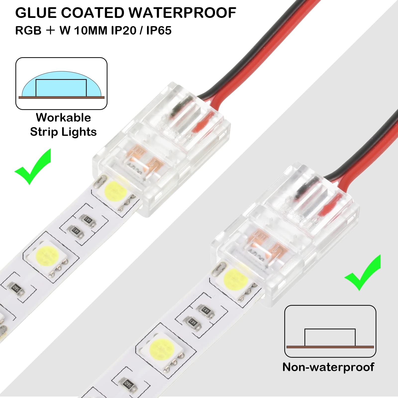 Flutesan RGB LED Light Strip Connectors, Waterproof, 2 Pin, 8 mm, Transparent, Solderless