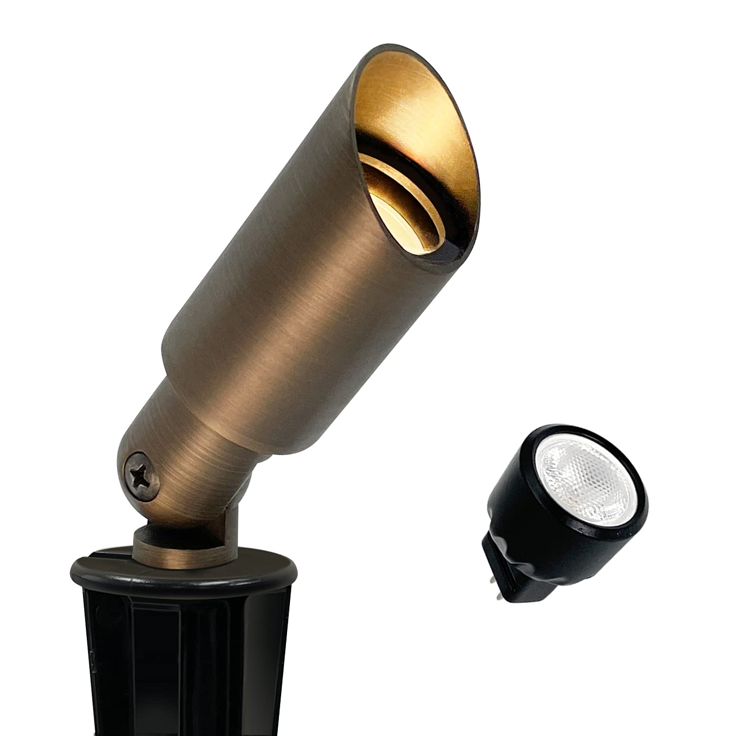 GKOLED Mini Size Brass Landscape Spotlight, Low Voltage 12V AC/DC Outdoor Directional Up Light, 180 LM, 3W MR8 LED Bulb ABS Grou