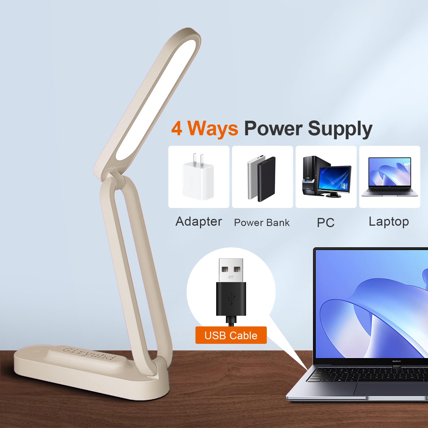 Giryuhd LED Desk Lamp Rechargeable Portable Foldable Khaki A211 Plastic