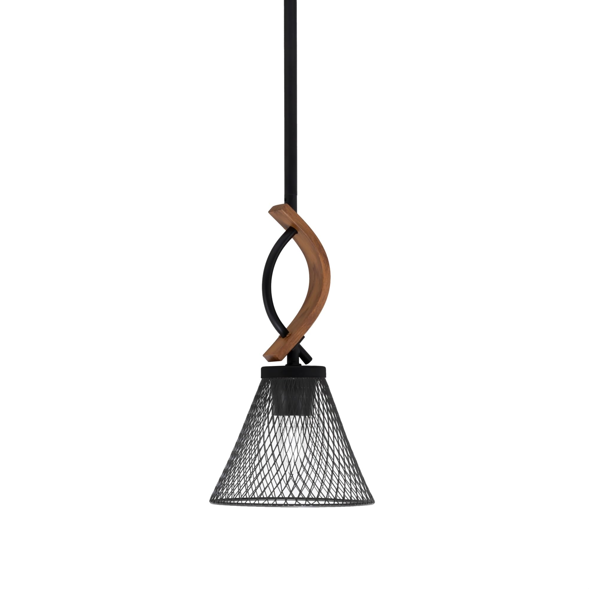 Toltec Lighting Monterey Mini Pendant - Matte Black & Wood-Look Finish, 7in Cone Mesh Shade