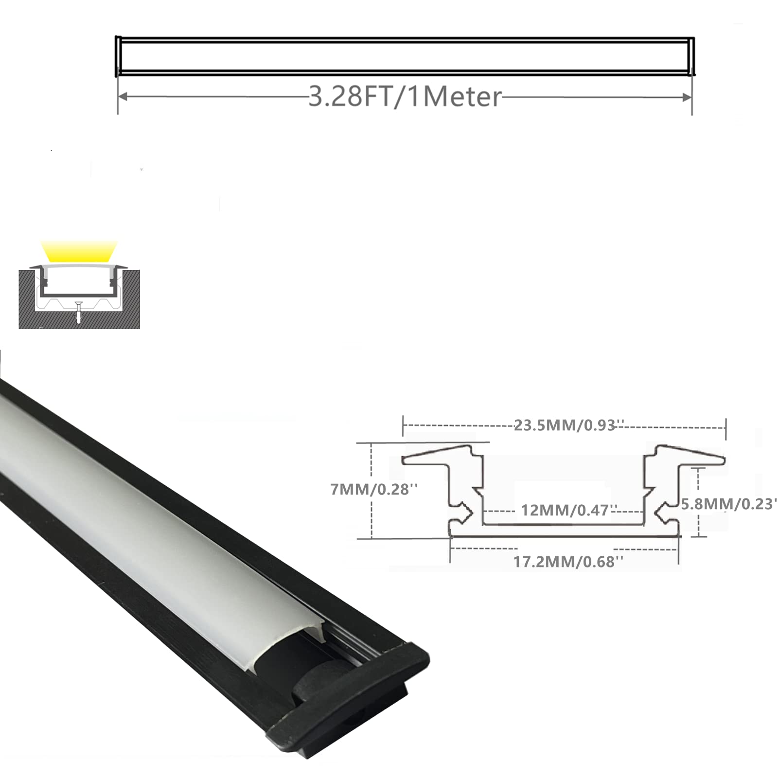 Thmoother 10-Pack 3.3Ft/1M Led Strip Aluminum Channel Diffuser,Collar Shape Tape Light Under Cabinet Floating Shelf Alcove Recessed 25X7Mm Matte Black Anodized Track, Milky Cover Concave Slot Profile