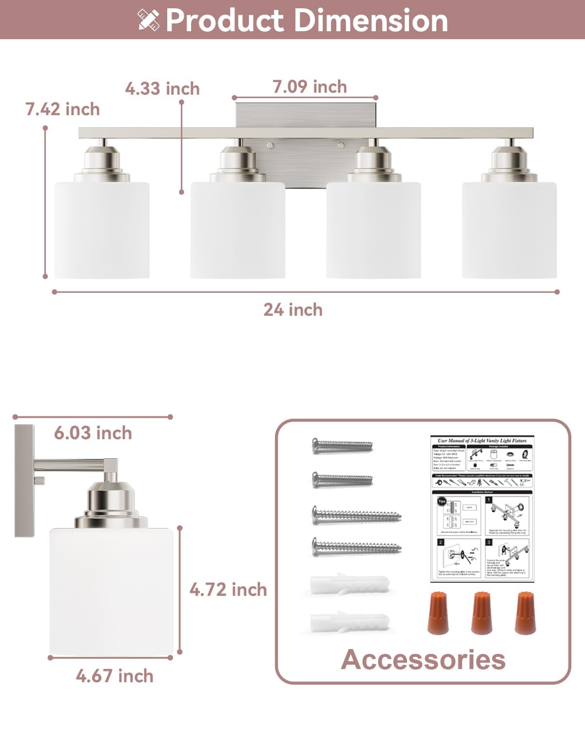 Sailstar 4-Light Bathroom Light Fixtures, Brushed Nickel, Glass Shade, Model CP-JQD-F-002