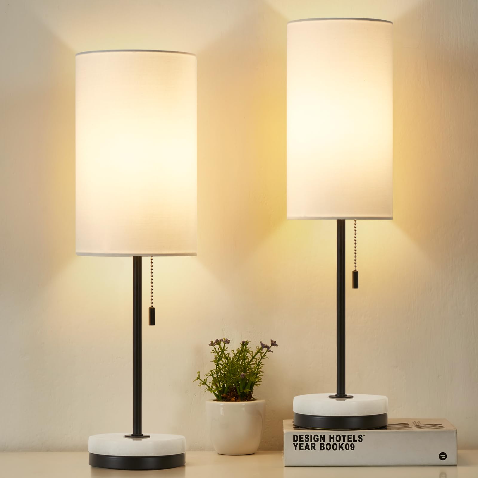 Luvkczc Minimalist Table Lamp Set of 2, Nightstand Lamp for Bedroom Living Room, Modern Pull Chain Bedside Lamp with Marble Base