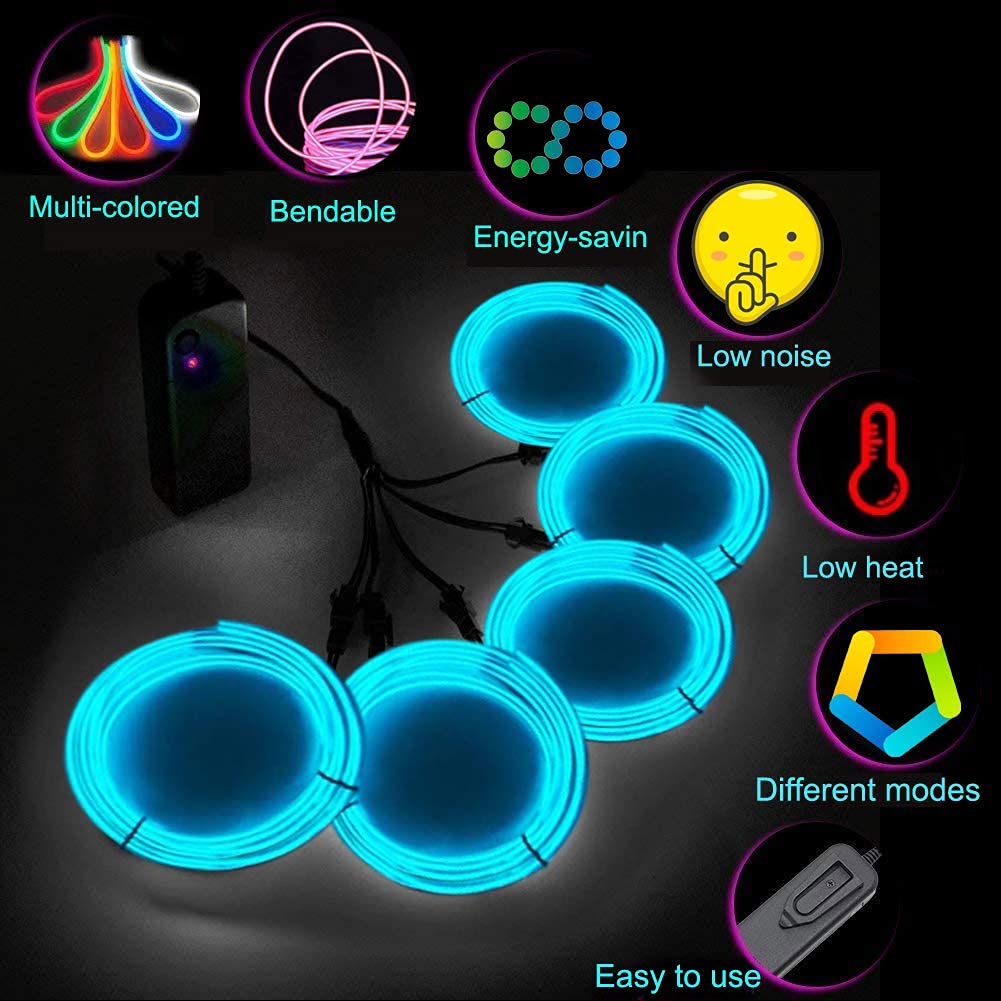 MaxLax Ice Blue EL Wire, Noise Reduction Neon Lights Wire 5 in 1 Meter, Electroluminescent Wire for Halloween, Christmas Party,