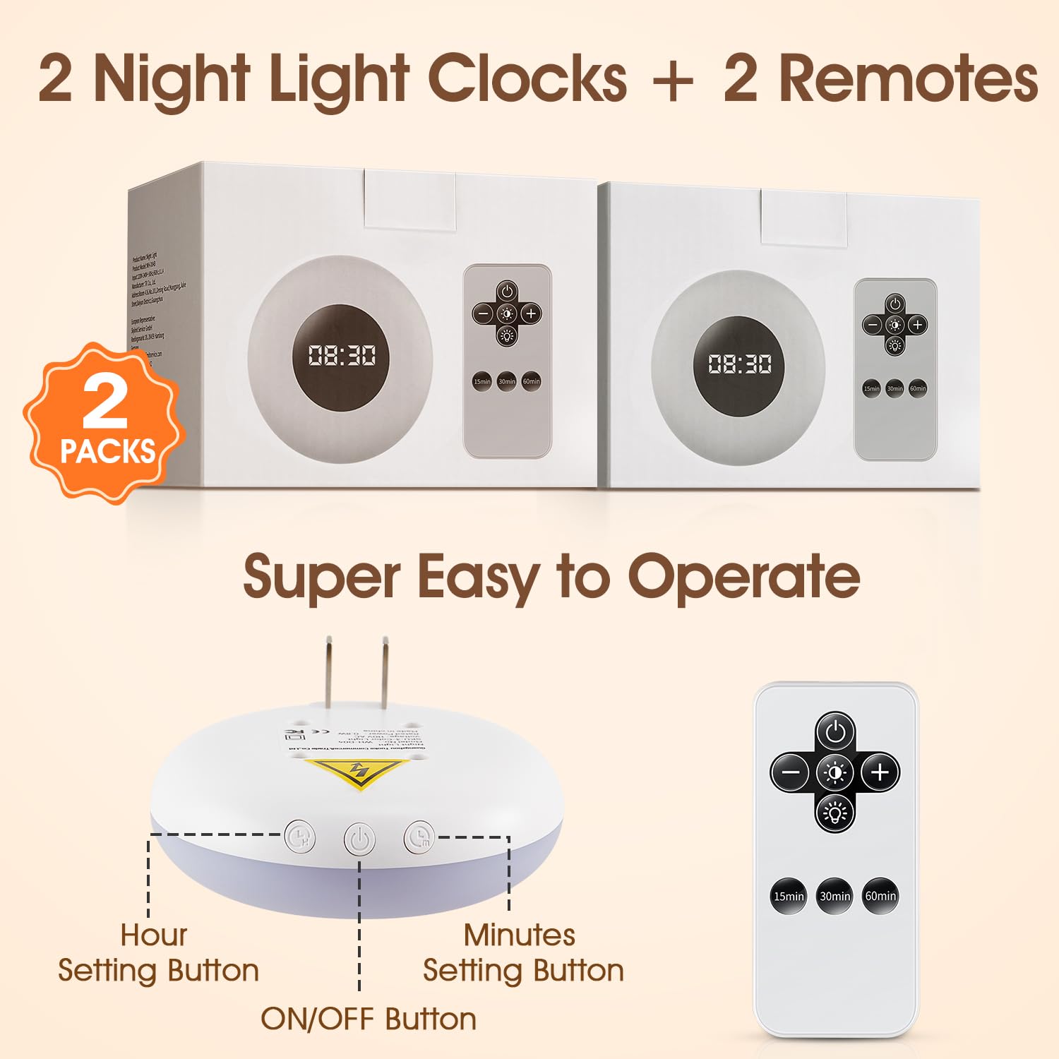 One Fire Night Light, 2PCS LED Plug-in Night Lights with Timer & Remote, Dimmable Bathroom Clock, 3 Light Colors, Acrylonitrile Butadiene Styrene