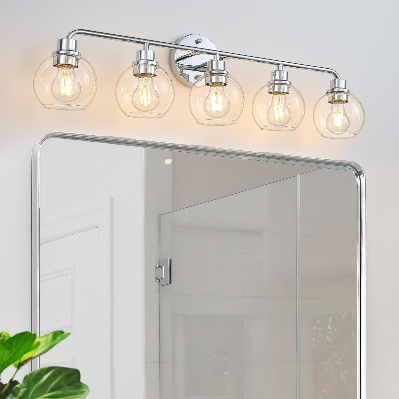 Bathroom Light Fixtures Chrome Vanity Light Silver 5 Light Modern Wall Sconces Lighting Bathroom Lights with Globe Glass Shades Bath Wall Lights for Mirror Kitchen Living Room Hallway 34.5 