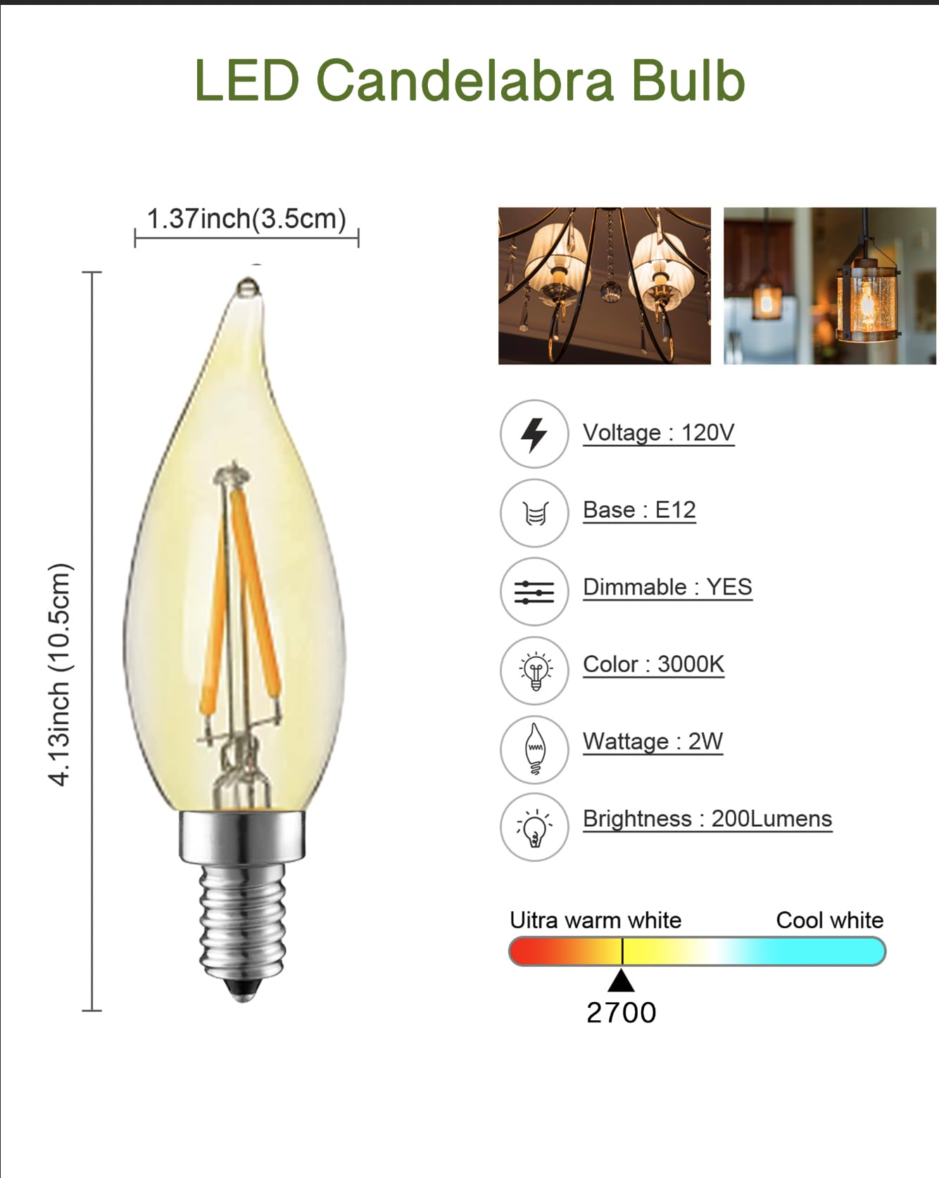 HMYYJT Candelabra Chandelier LED Bulb Dimmable 2W E12 Amber Glass CA10 24 Pack