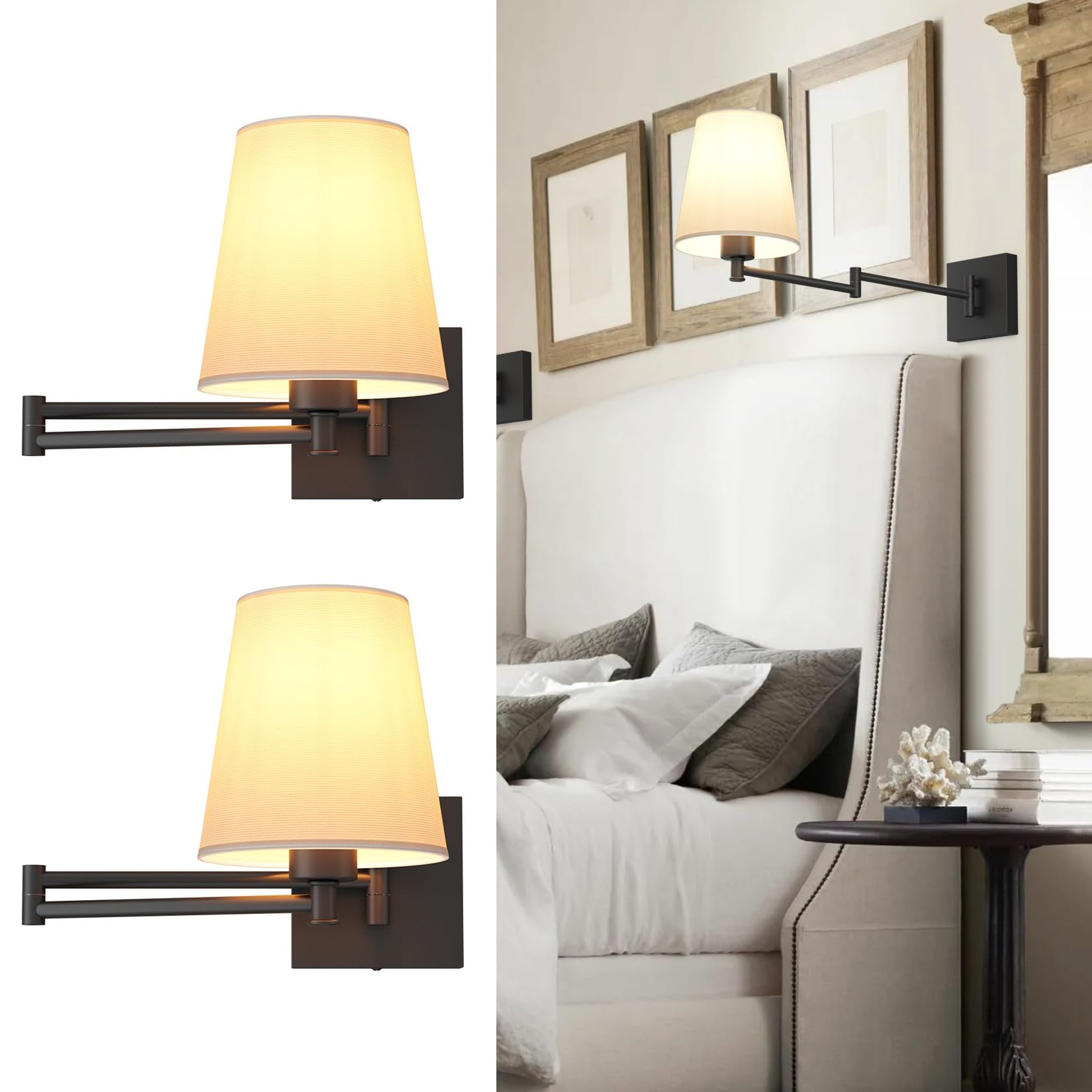 Aipsun Black Wall Sconce Set of 2  Swing Arm Wall Lamps  Modern Bedroom Wall Sconce Fixtures with Fabric Lampshade for Reading Hallway Living Room(Exclude Bulb)