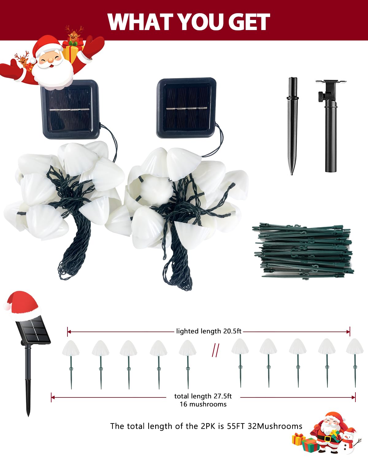 Ozs 2Pk 32Led 55Ft Red And White Christmas Decorations Mushroom Solar Lights  Christmas Lights Outdoor With 8 Lighting Modes  Solar String Lights Waterproof For Outside Yard Party
