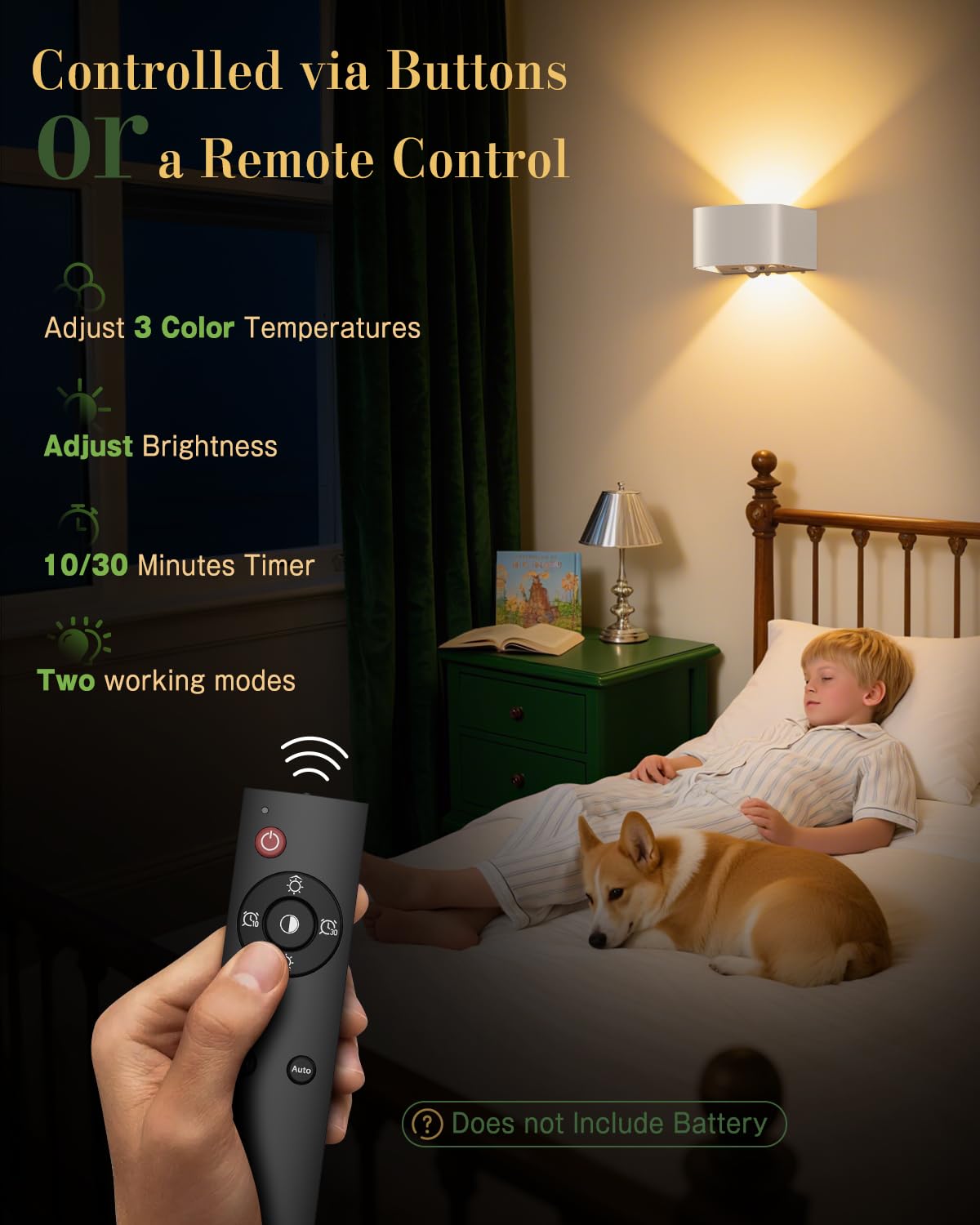 TOBITAI Wall Light Motion Sensor, 2 Pack LED Sconces with Remote, 3 Colors Brightness, Rechargeable Battery, White, Model WL04