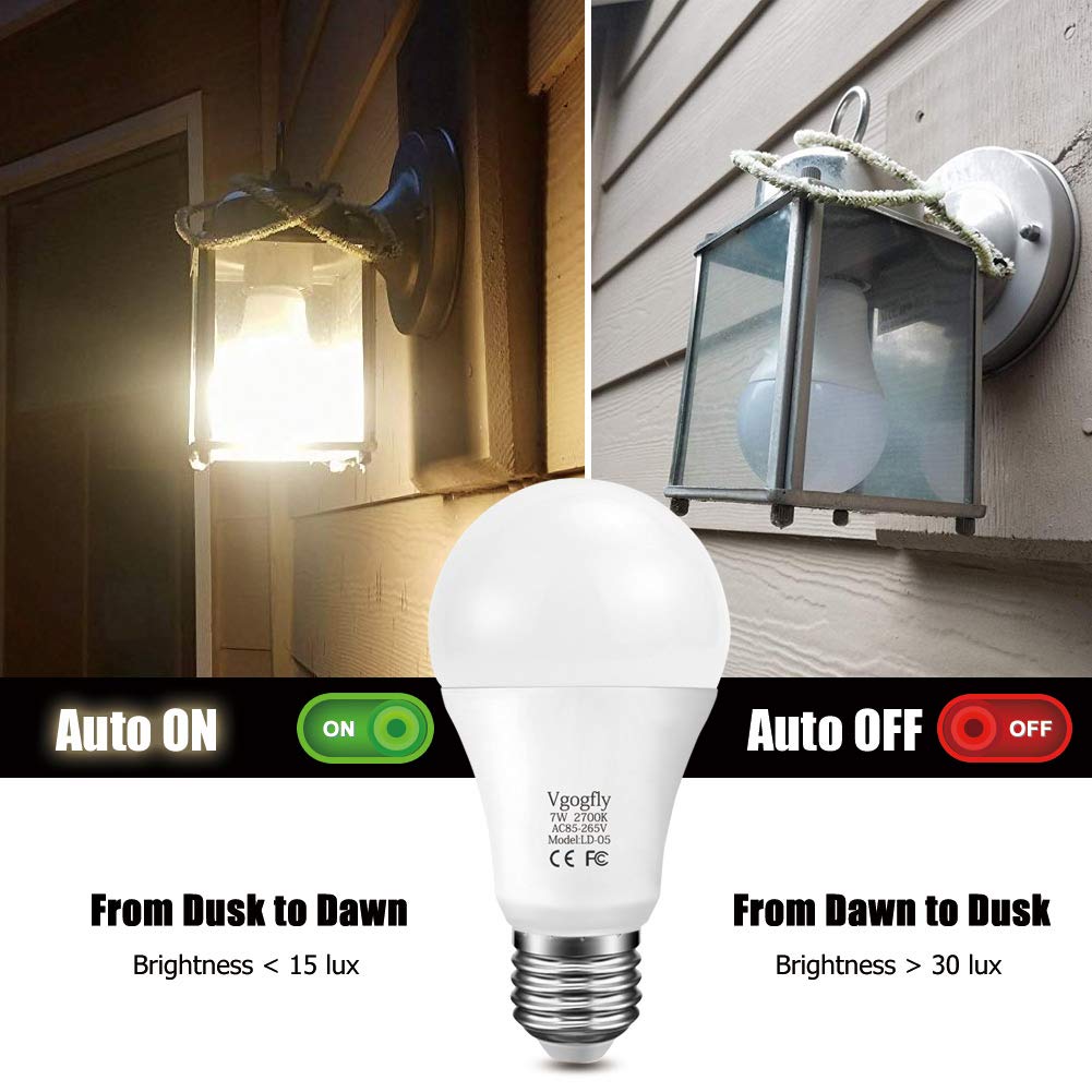 Vgogfly Dusk to Dawn LED Light Bulbs, 7W E26/E27, Warm White, 2 Pack, Automatic On/Off for Indoor/Outdoor Use