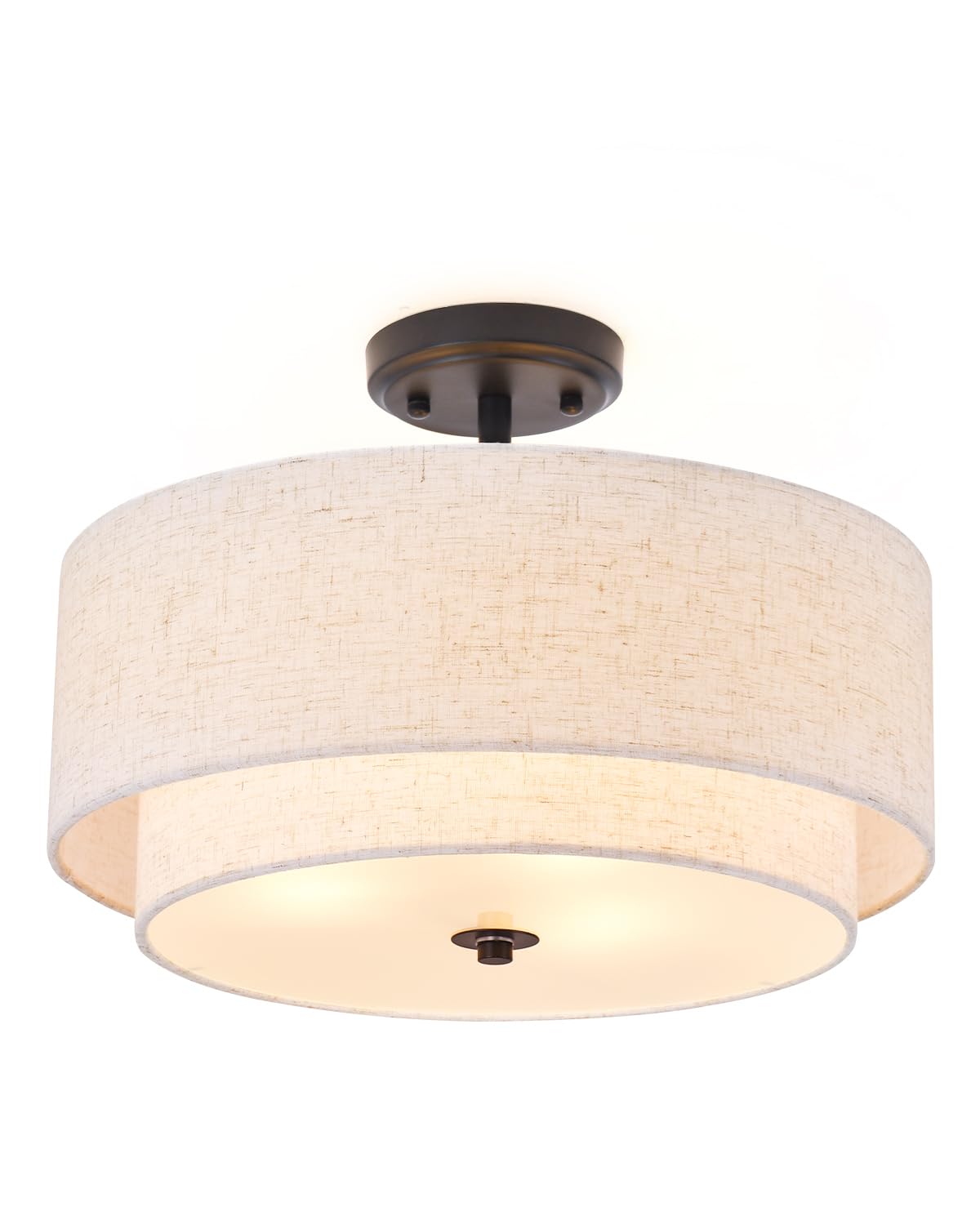 3-Light Semi Flush Mount Ceiling Light Fixture, 16" Black Drum Light Fixture With 2-Laye Fabric Shade Lamps, Modern Close To Ceiling Light For Bedroom Living Dining Room Kitchen Hallway Entryway