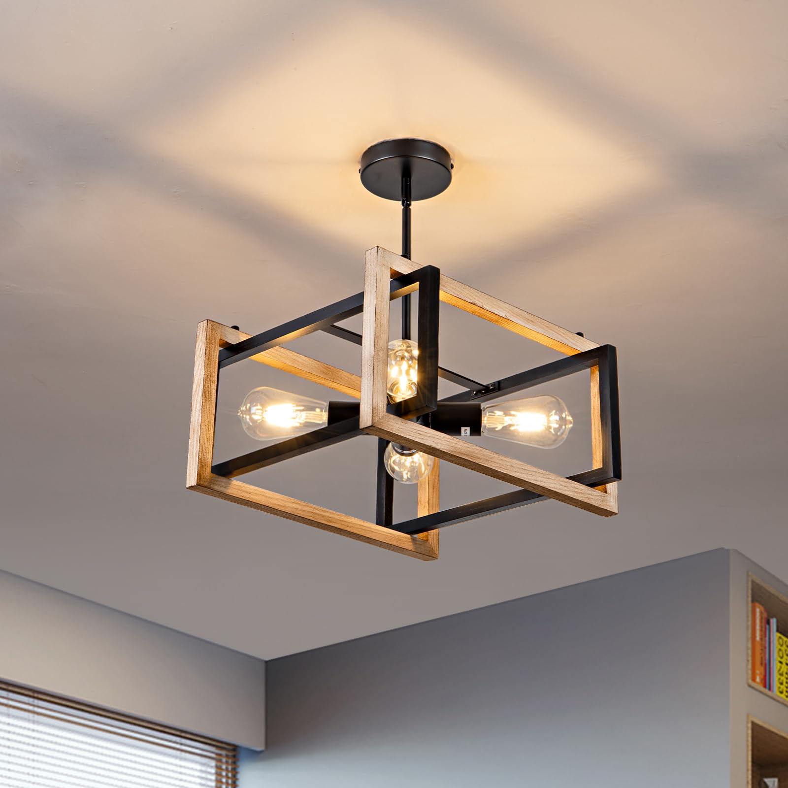 HuisMier Farmhose Flush Mount Ceiling Light Fixtures, 4 Lights Rustic Wood and Metal Ceiling Lighting, Industrial Dining Room Li