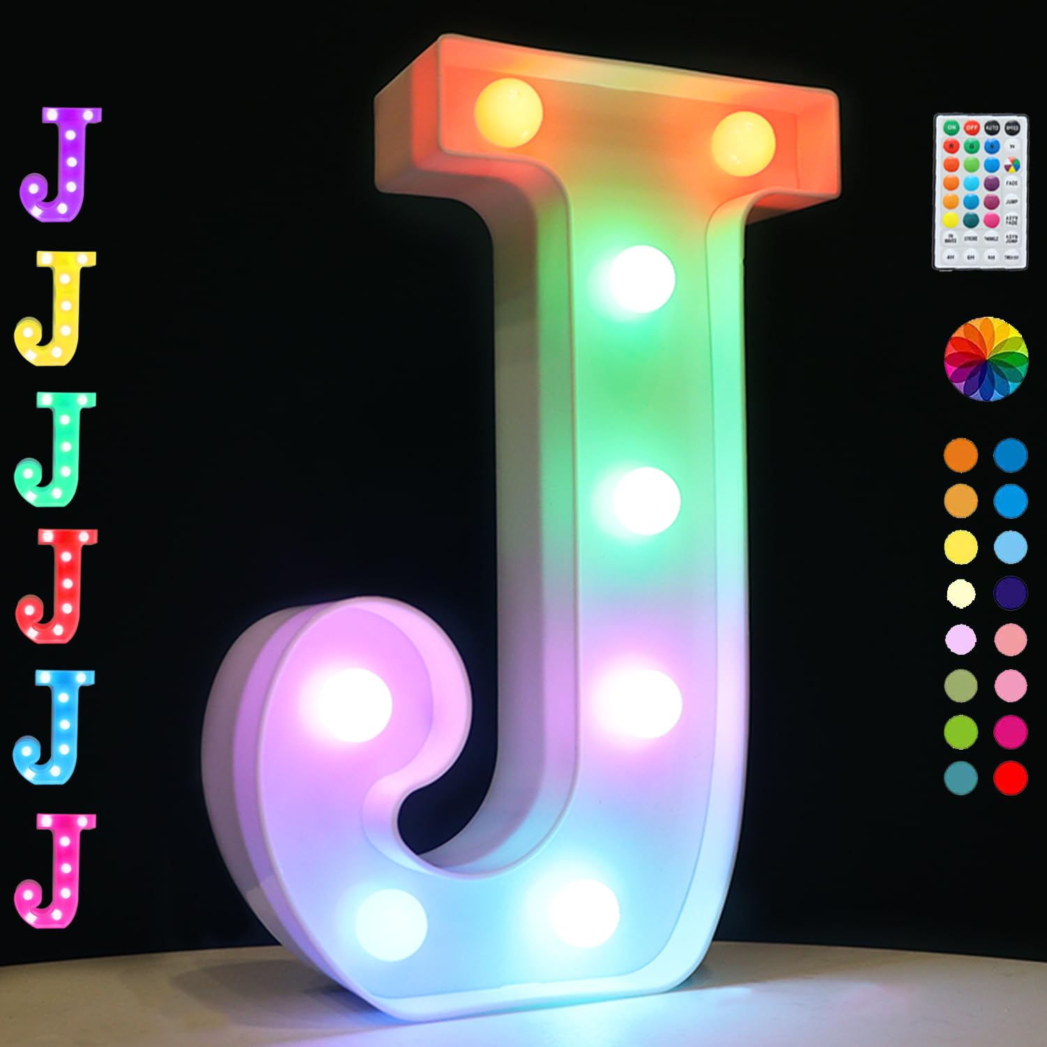 Light Up Colorful Led Marquee Letter Lights, 18 Colors Changing Alphabet Letters Sign With Remote Timer For Night Light Girls Bedroom Wedding Birthday Party Lamp Christmas Home Bar Decor- Colorful J