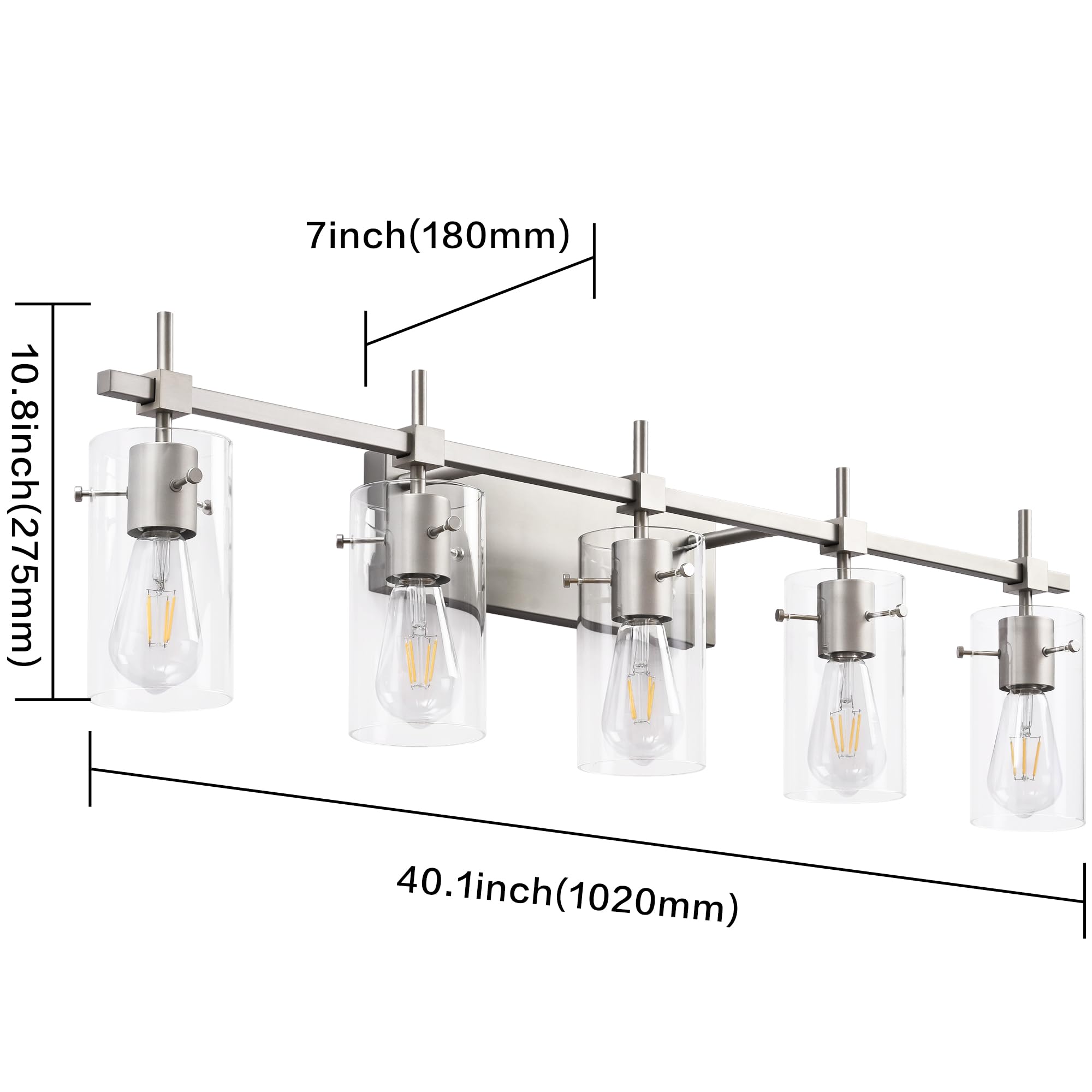 Solfart 40.1 Inch 5 Light Bathroom Vanity Light Fixtures Bathroom Light Fixture Over Mirror Brushed Nickel Wall Lights With Glas
