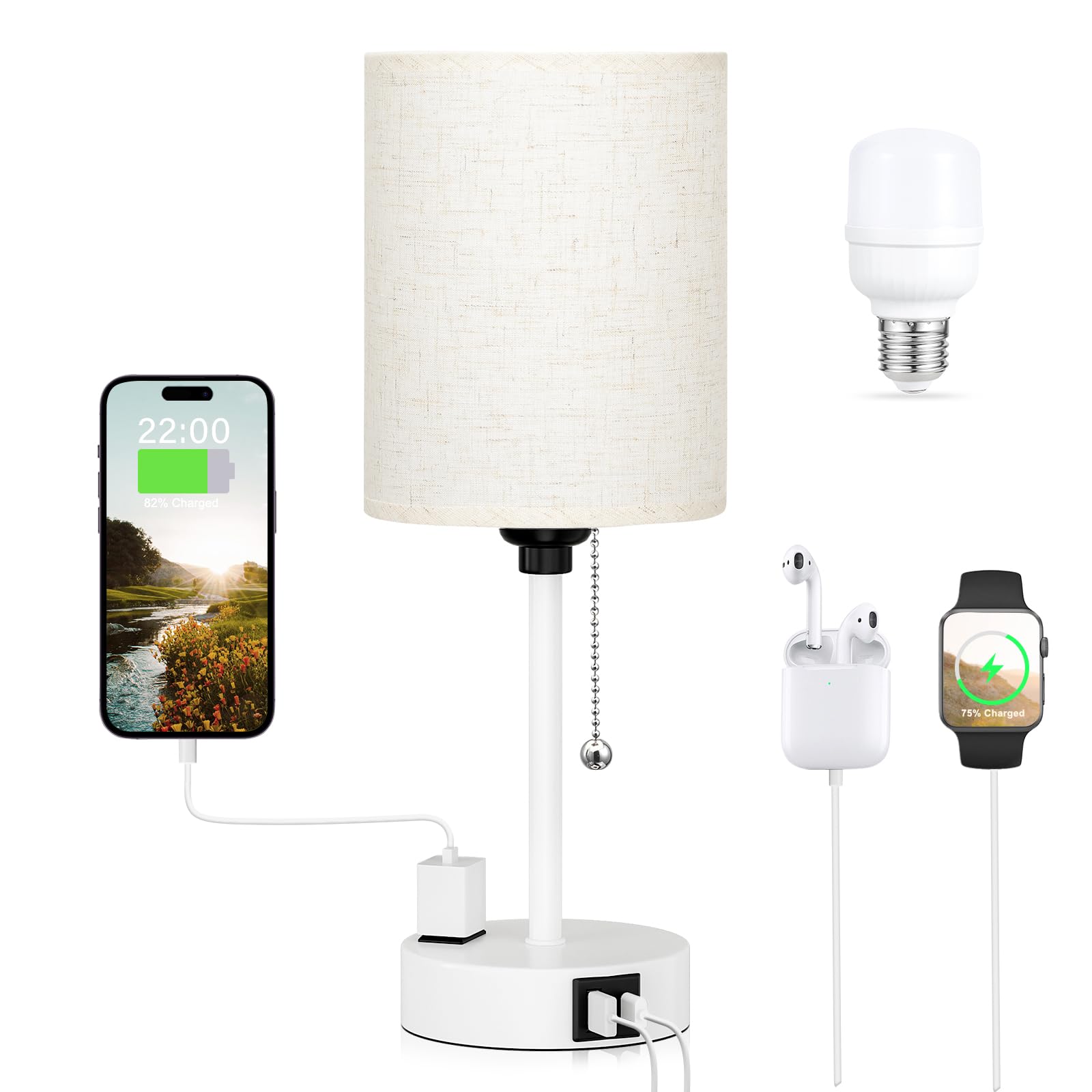 Small Bedside Lamp for Bedroom Nightstand - 2700K 3500K 5000K Bedside Lamps with USB C and A Ports, Pull Chain Table Lamps with AC Outlet, Nightstand Lamps with White Metal Base for Kids Reading