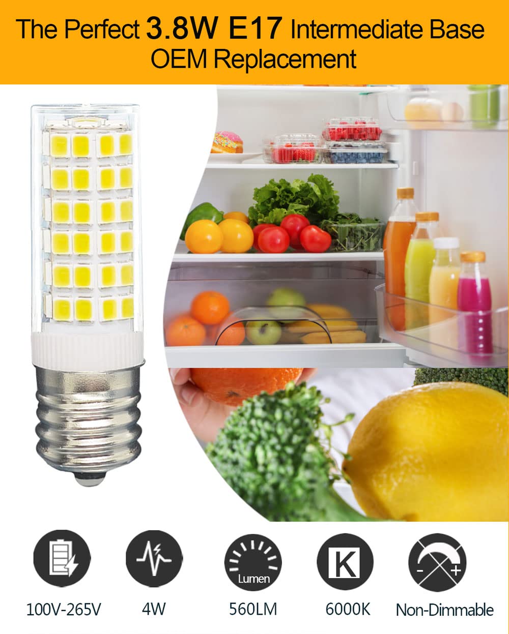 Tupolife LED Bulb Refrigerator Replacement Lamp, E17 Intermediate Base, 3.8W, Cool White 6000K, 560LM, 1-Pack