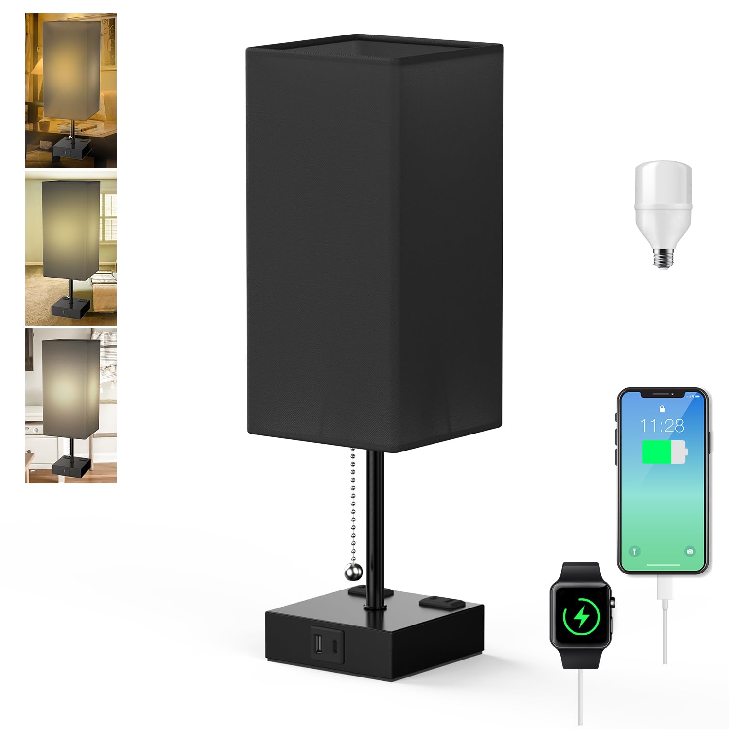 YIDPU Table Lamp with USB Charging Ports, Adjustable 3-Color LED Light, Fabric Shade, Linen Black, 1PCS