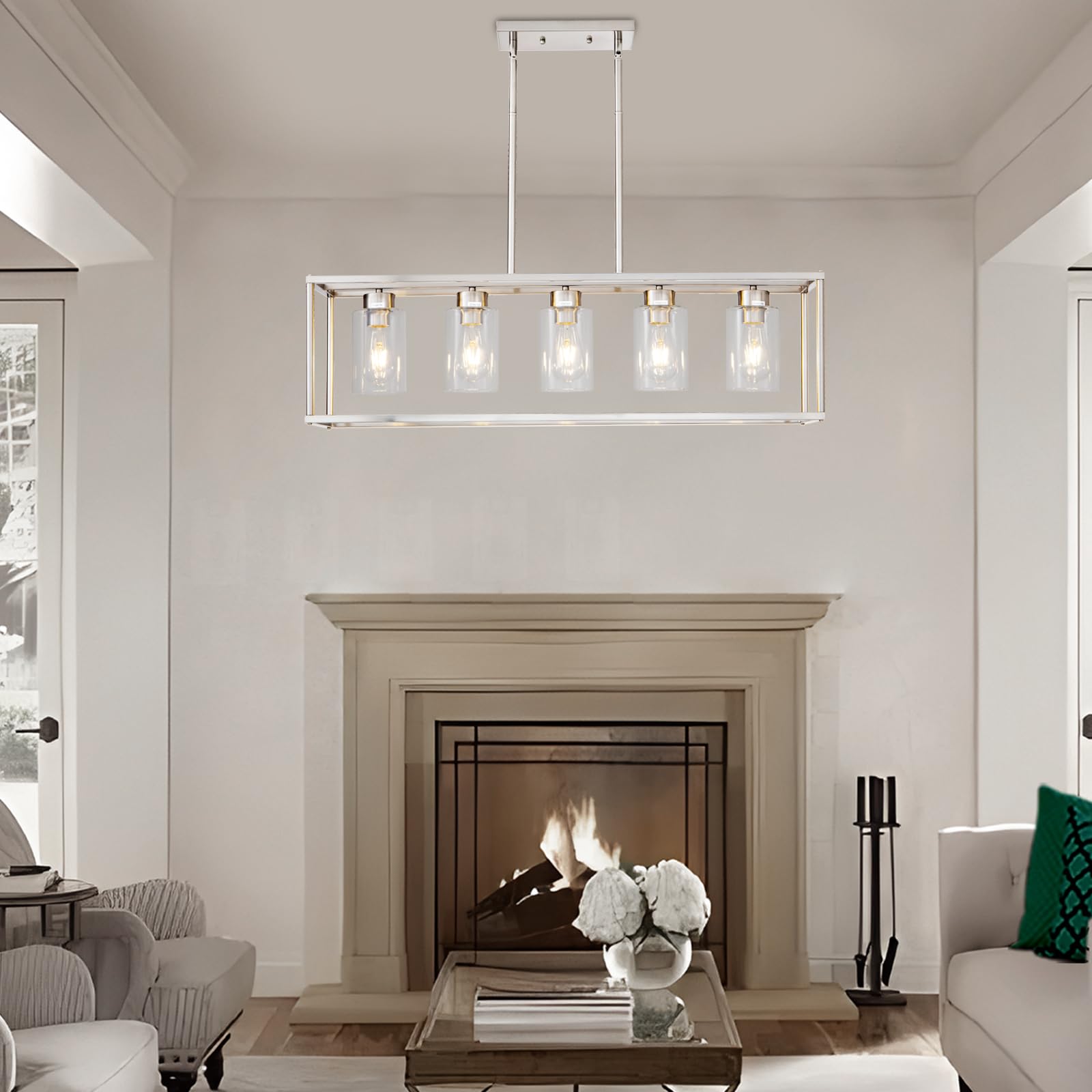 Hccz 5 Light Brushed Nickel Modern Farmhouse Chandelier With Glass Shade For Dining Room