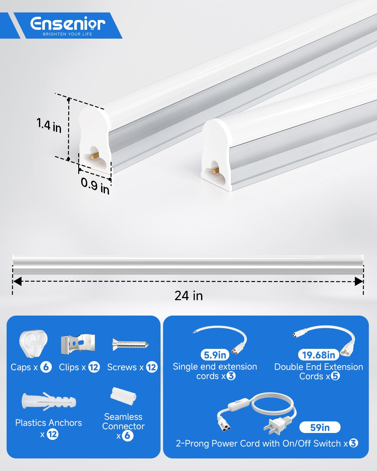 Ensenior 6-Pack T5 Led Shop Lights, 2Ft 1000Lm 6500K Super Bright White Integrated Single Fixture, 10W Linkable Utility Commerci