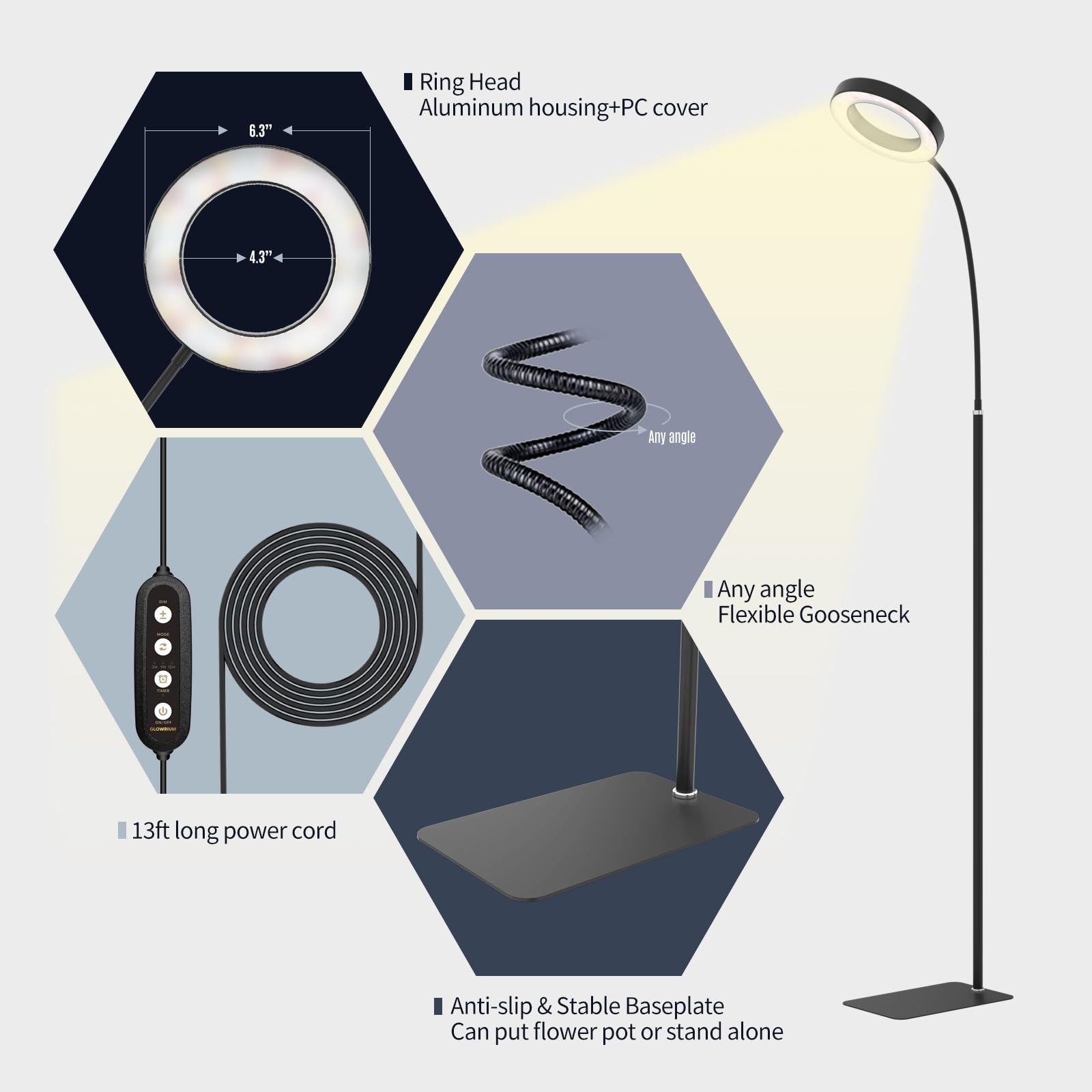Glowrium Grow Lights For Indoor Plants, 20W Led Plant Grow Lights With Auto-Timer, Full Spectrum Adjustable Height Standing Plant Grow Lights, 3 Light Modes, 6-Level Dimmable (Black)