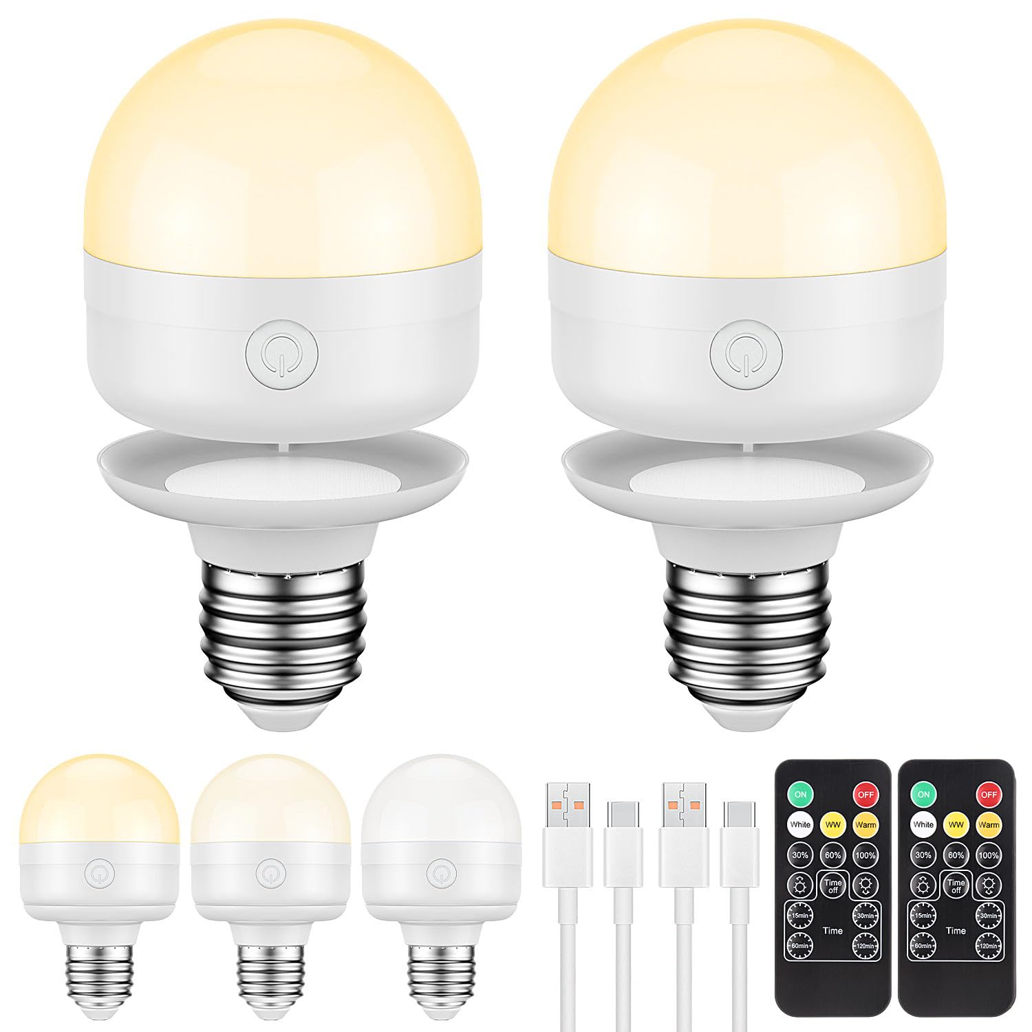 SCOPOW 2Packs E26 Rechargeable Light Bulbs with Remote Control Timer and 3 Color Temperature Magnetically Battery Operated Light Bulbs Dimmer for Non-Hardwired Detachable (5W+E26+3Colors+2PC)