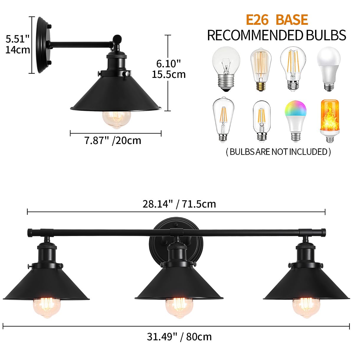 Toulmj Bathroom Light Fixtures Farmhouse Vanity Lights, 3 Light Bathroom Lighting Fixtures Over Mirror Bathroom Wall Sconces With Metal Shade, Matte Black Vanity Lights For Bathroom (31.49'')