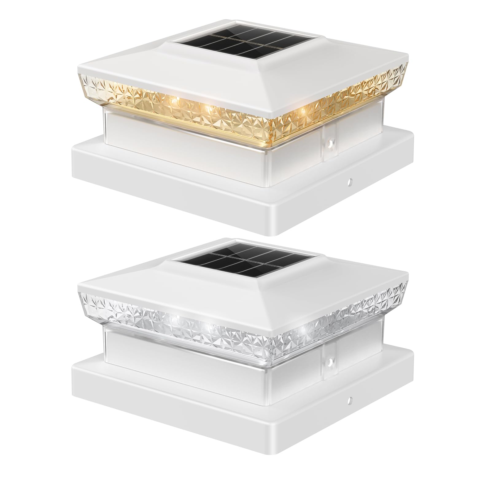 Flyingod Solar Post Cap Light 4x4/5x5 - 2 Pack, Dual Color, 800mAh, 12H Runtime, Auto Dusk-to-Dawn On/Off, White